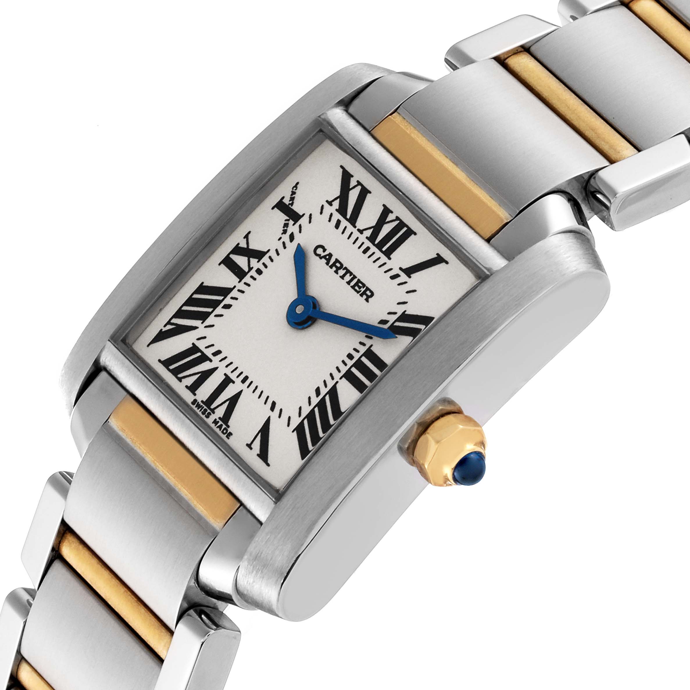 This image shows a close-up angle of the Cartier Tank Française watch, highlighting the face, crown, and part of the bracelet.