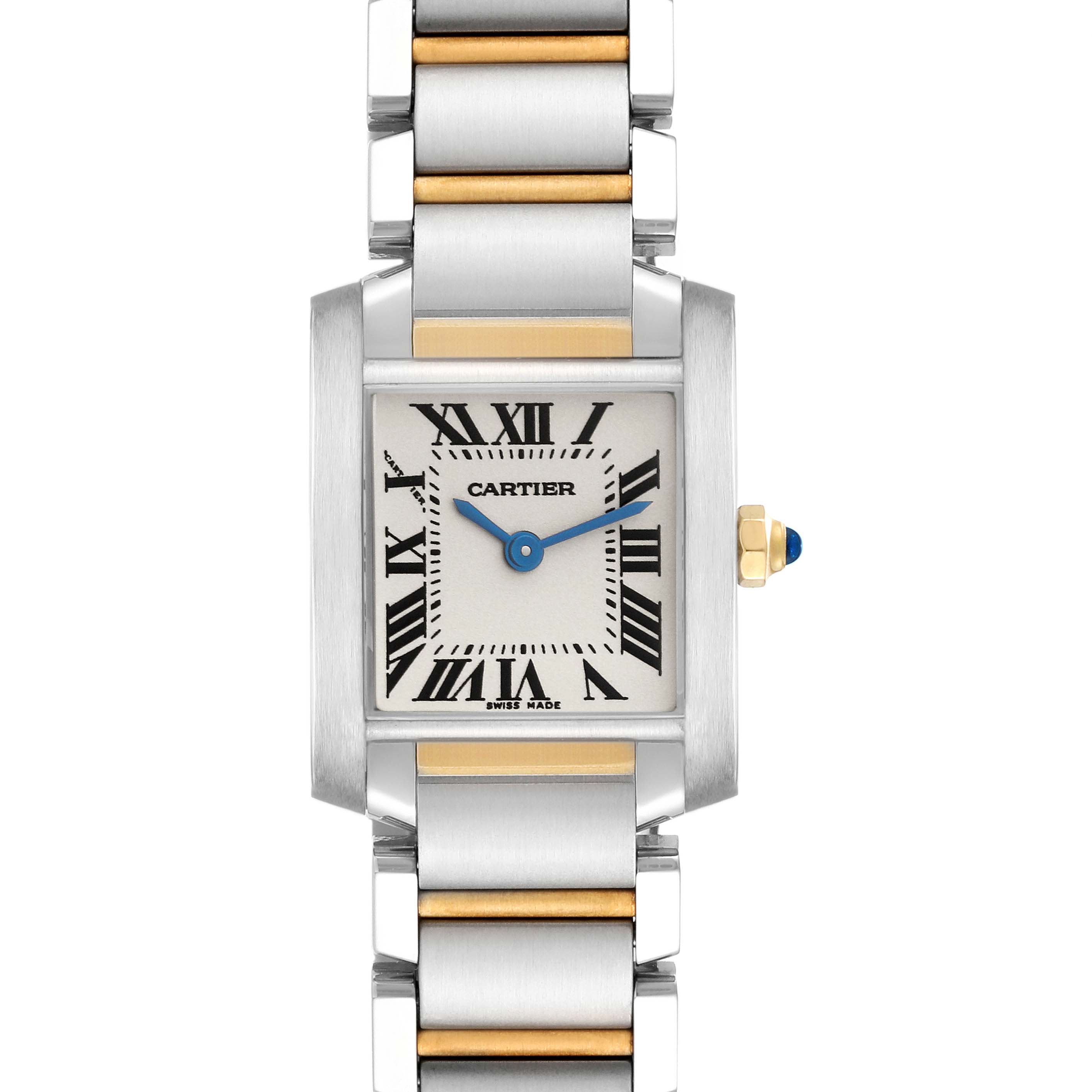 The Cartier Tank Francaise W51007Q4 Women's Stainless Steel Silver Dial W51007Q4 Women's Stainless Steel Silver Dial watch is shown from the front, displaying its rectangular face, Roman numerals, and two-tone bracelet.