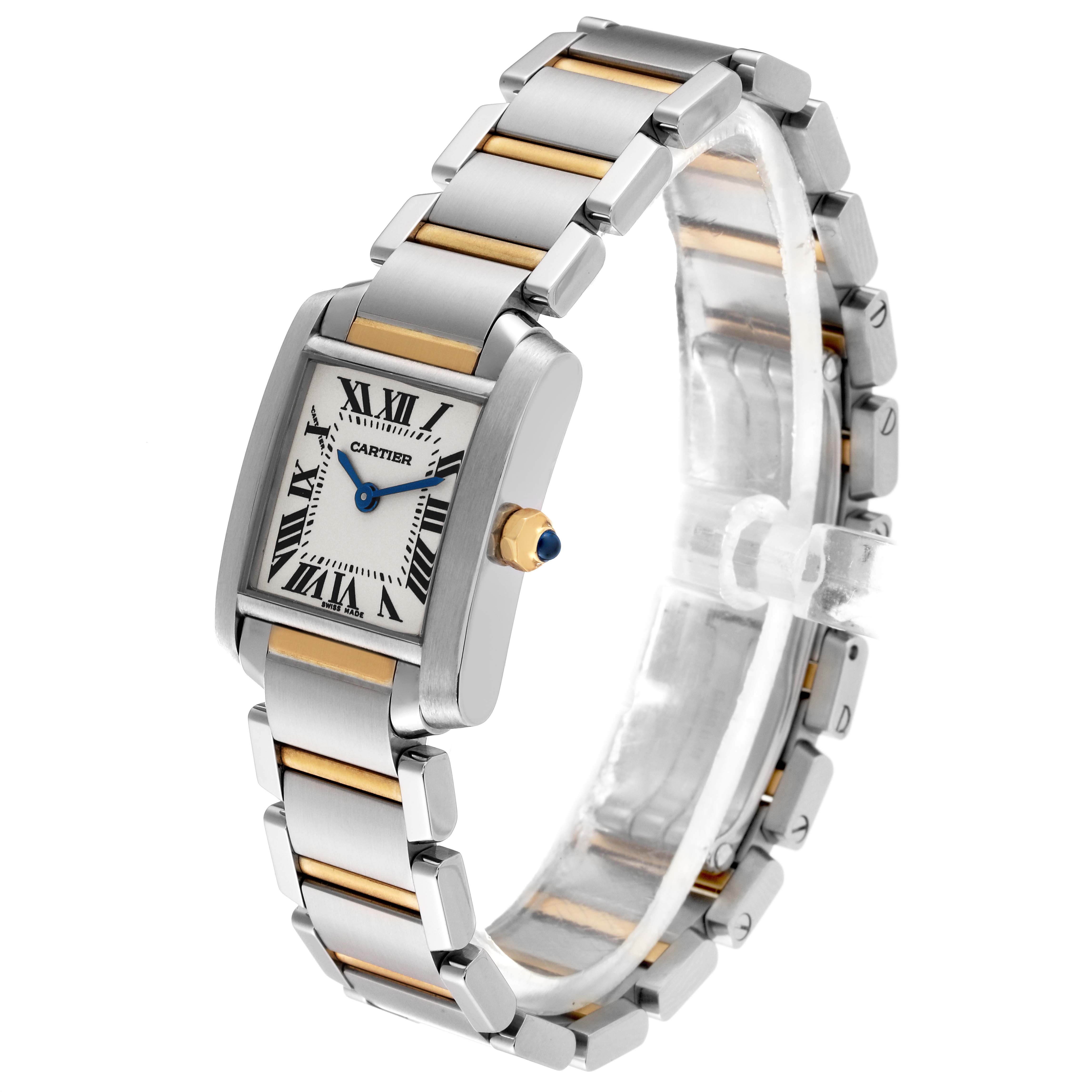 The image shows a Cartier Tank Française watch at a three-quarter angle, highlighting the face, bracelet, and crown.