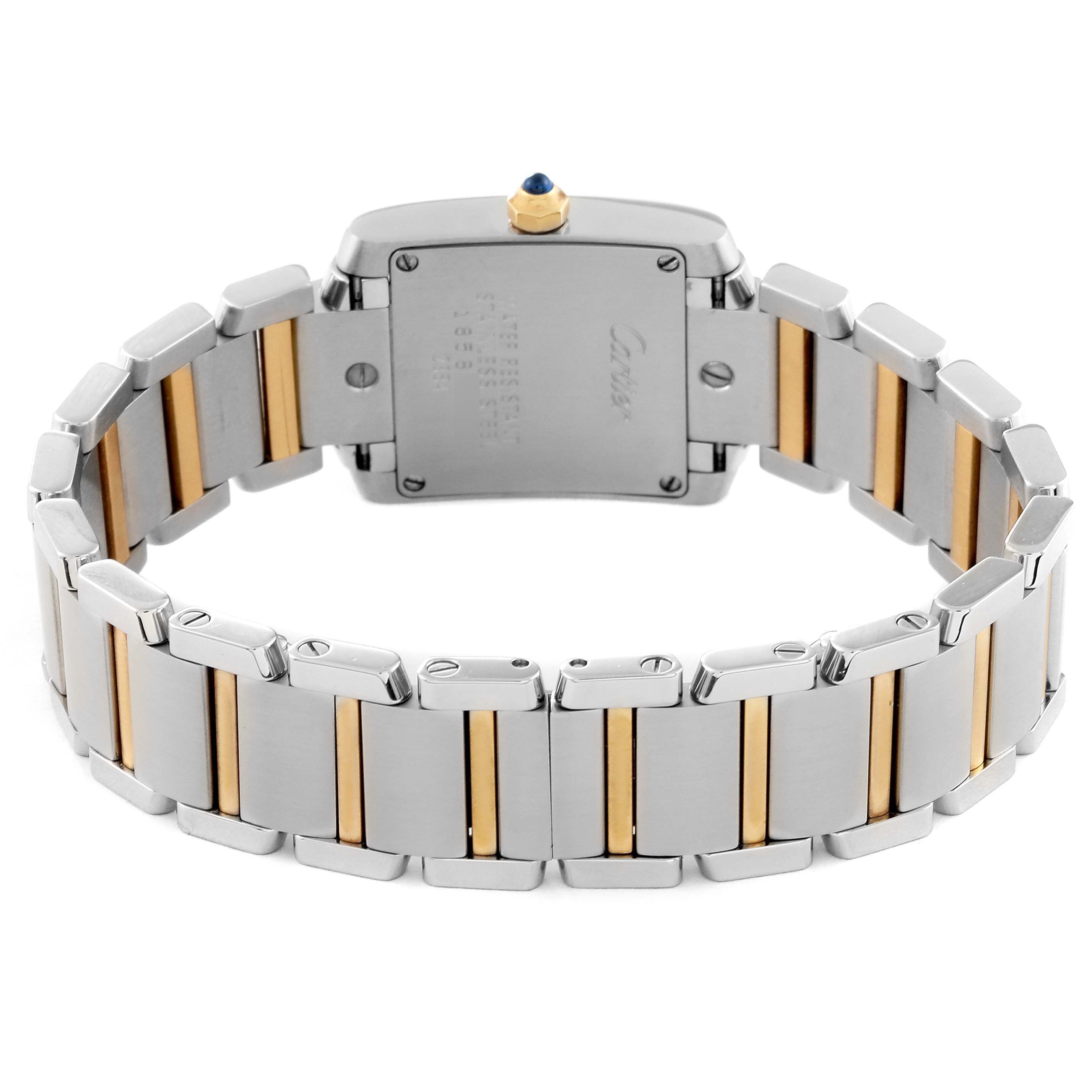The image shows the back view of the Cartier Tank Francaise W51007Q4 Women's Stainless Steel Silver Dial W51007Q4 Women's Stainless Steel Silver Dial watch, highlighting the two-tone bracelet and case back.