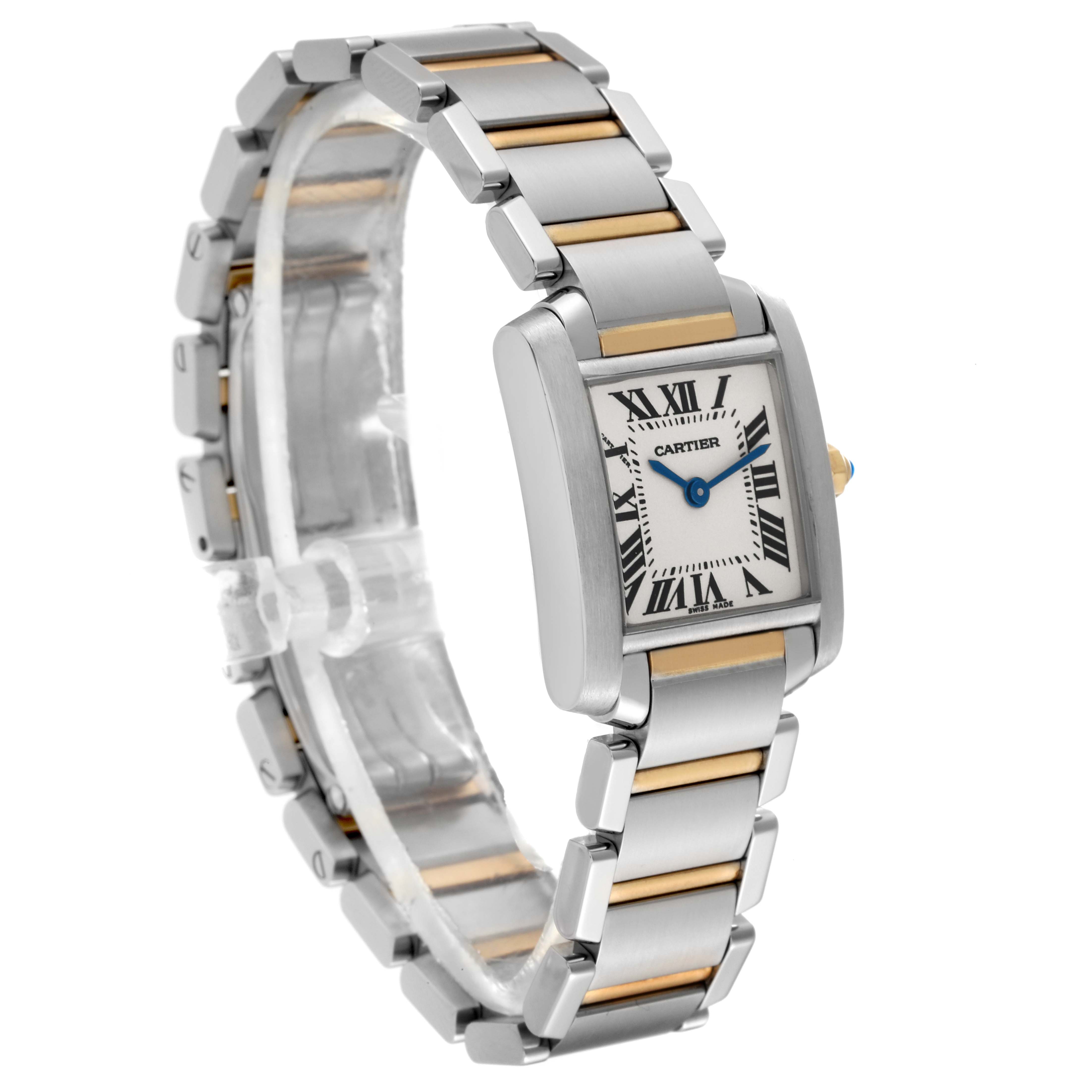 The image shows a Tank Francaise watch by Cartier at a three-quarter angle, highlighting the face, case, and two-tone bracelet.
