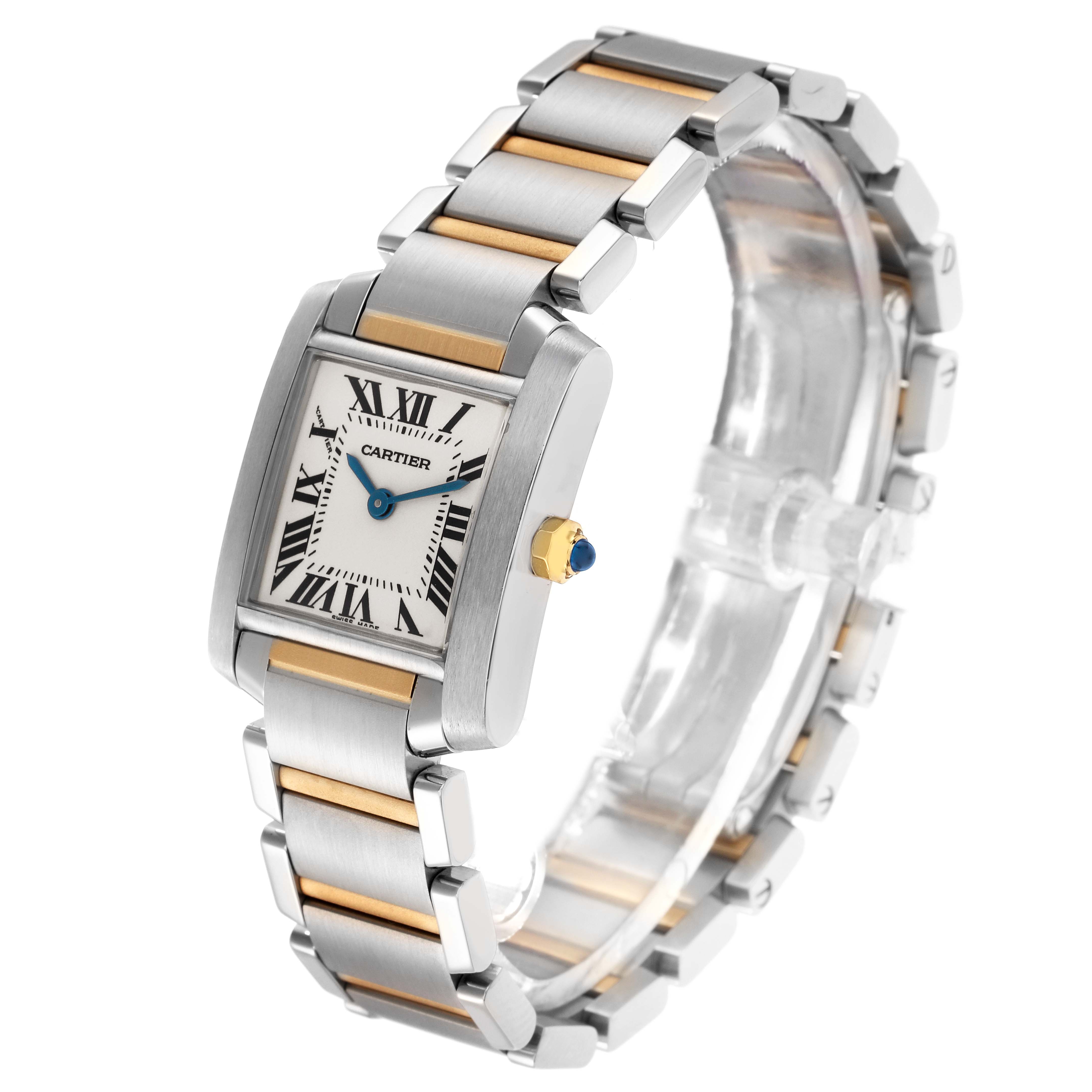 The Cartier Tank Française W51007Q4 men's watch is shown at a slight angle, highlighting the face, bracelet, and side crown.