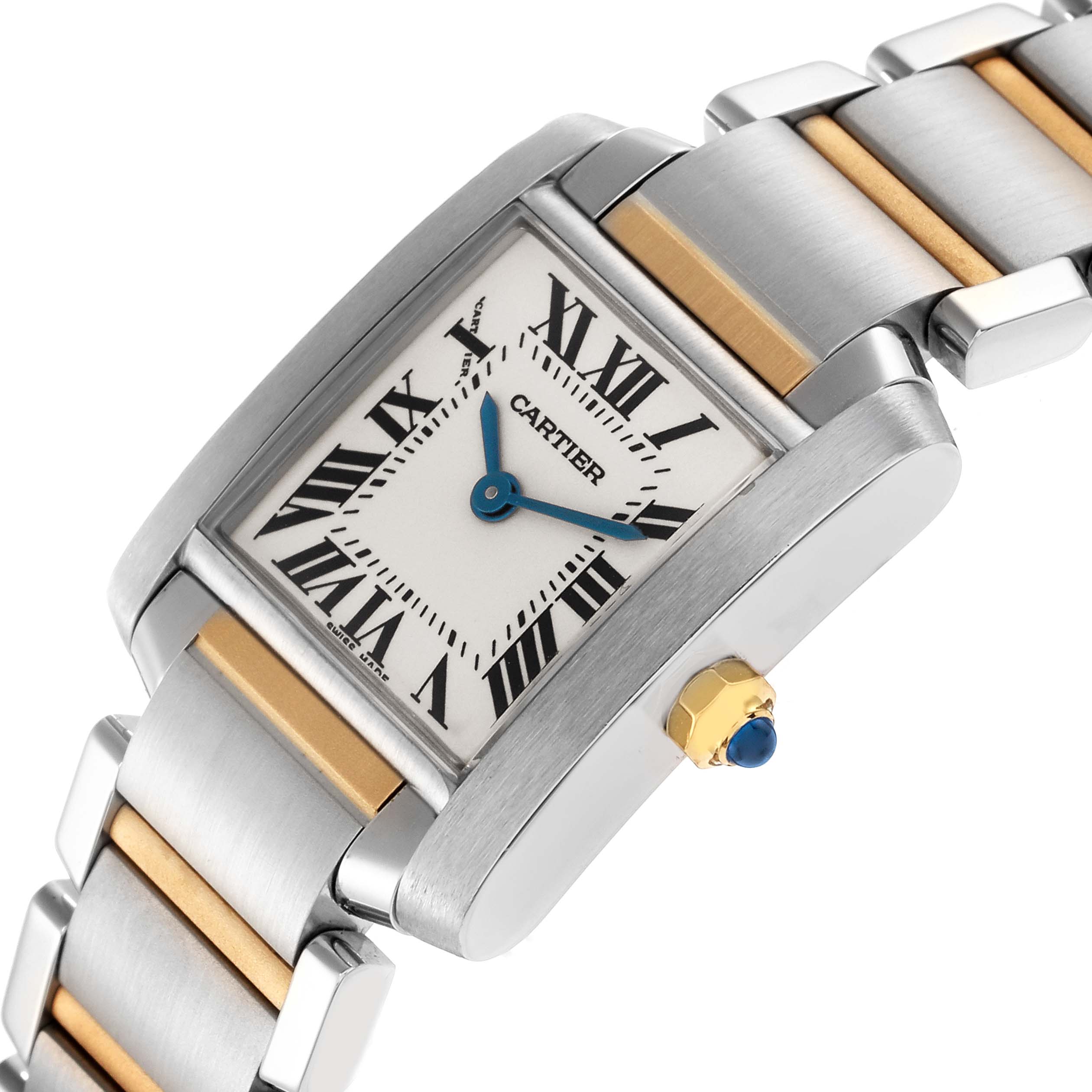 The Cartier Tank Française W51007Q4 men's watch is shown at an angle highlighting the rectangular face, Roman numerals, blue hands, and two-tone metal bracelet.