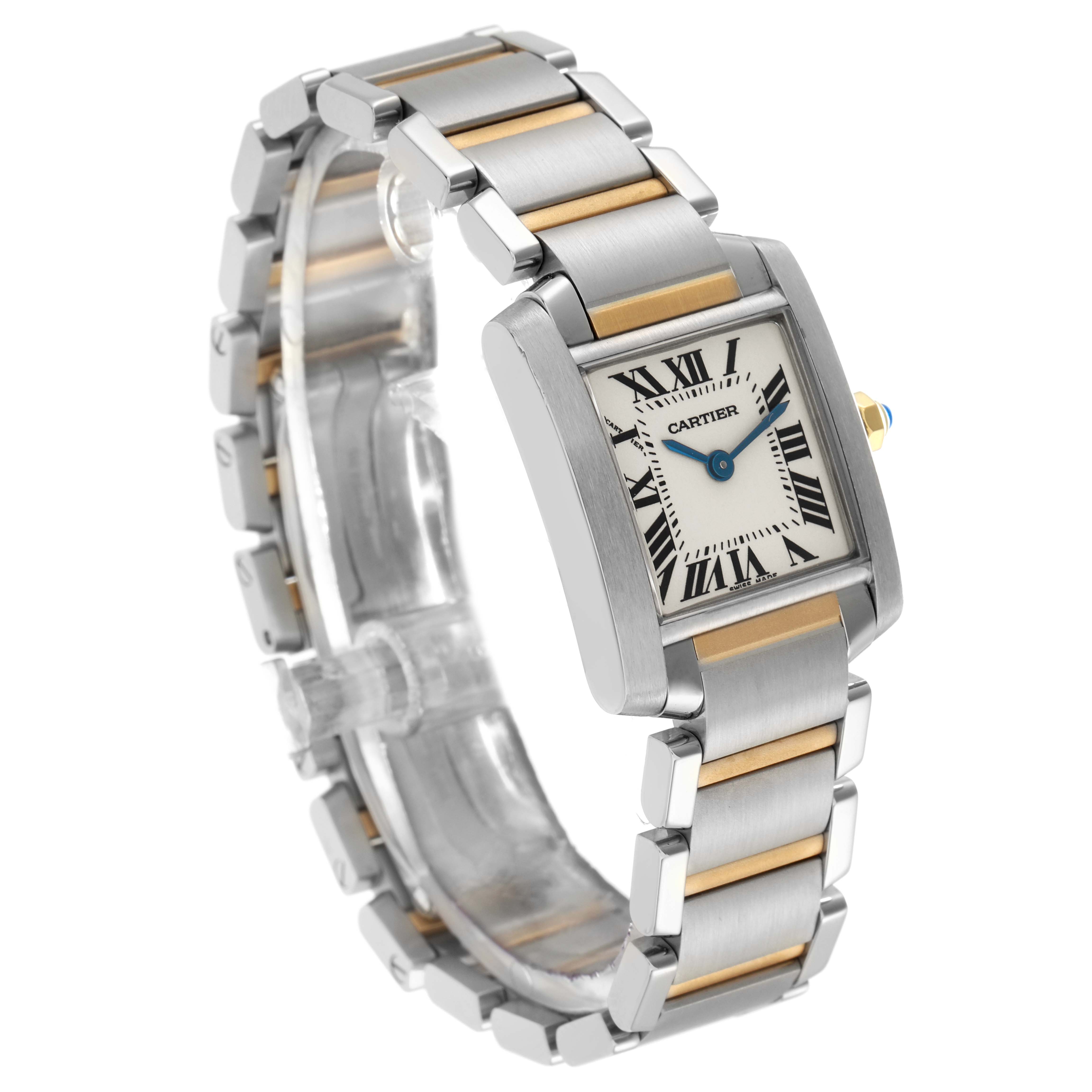 The Cartier Tank Française (model W51007Q4) is shown at a three-quarter angle, highlighting its rectangular case, Roman numeral dial, bracelet with gold accents, and crown.