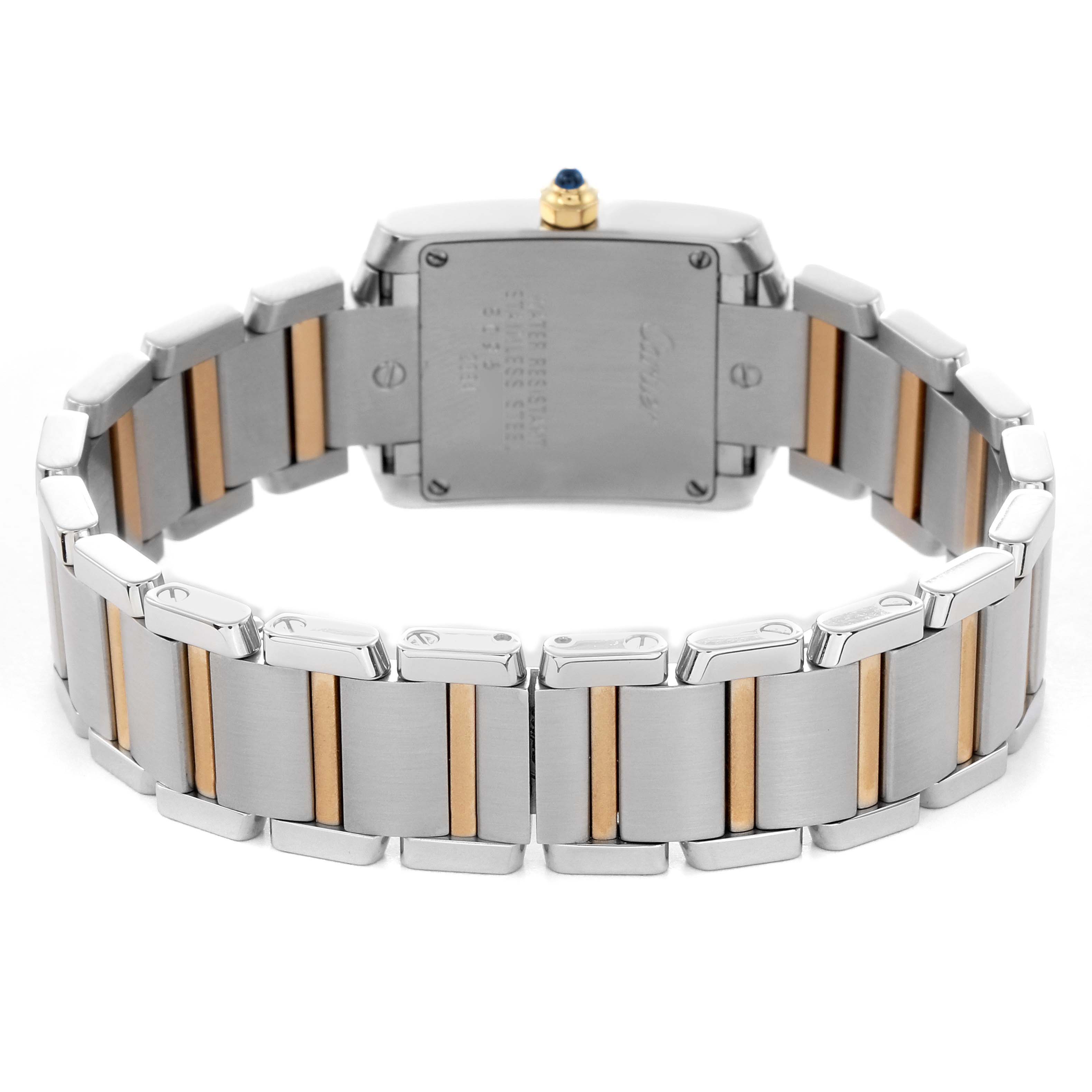 The image shows a rear view of a Cartier Tank Francaise, model W51007Q4, highlighting the case back and two-tone metal bracelet.