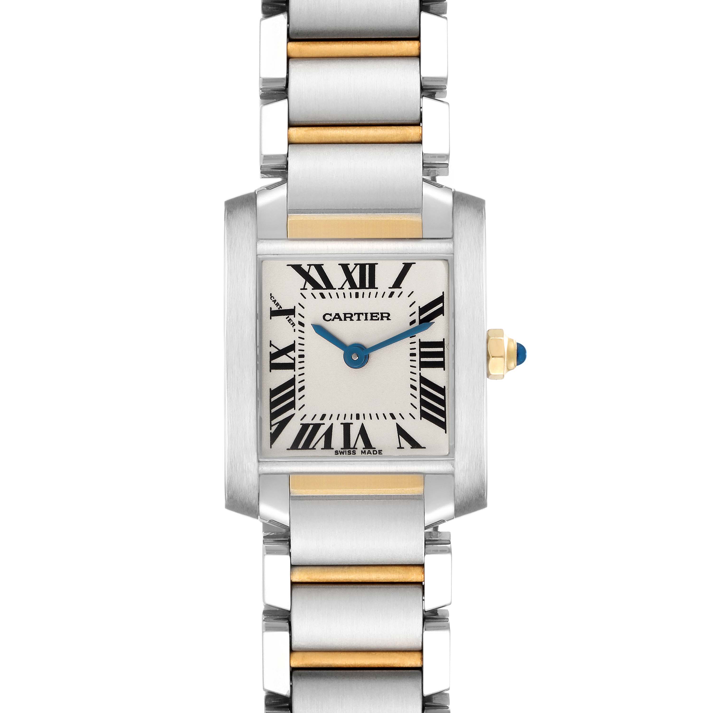 The Cartier Tank Française, model W51007Q4, is shown from a front view, highlighting its rectangular face, Roman numerals, and two-tone metal bracelet.