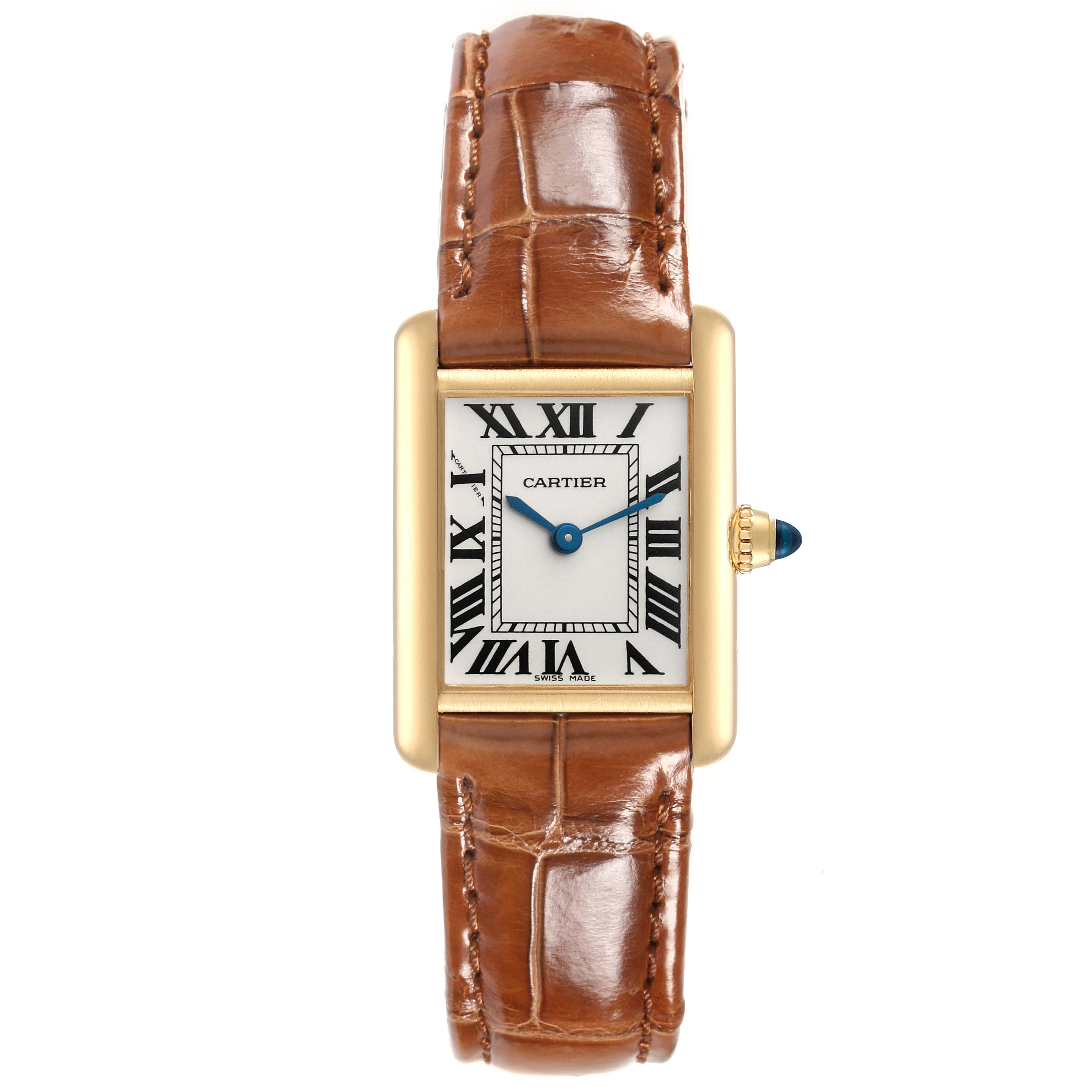 The Cartier Tank Louis W1529856 Men's Yellow Gold Silver Dial W1529856 Men's Yellow Gold Silver Dial watch is shown from a front view, displaying the face, bezel, and brown leather strap.