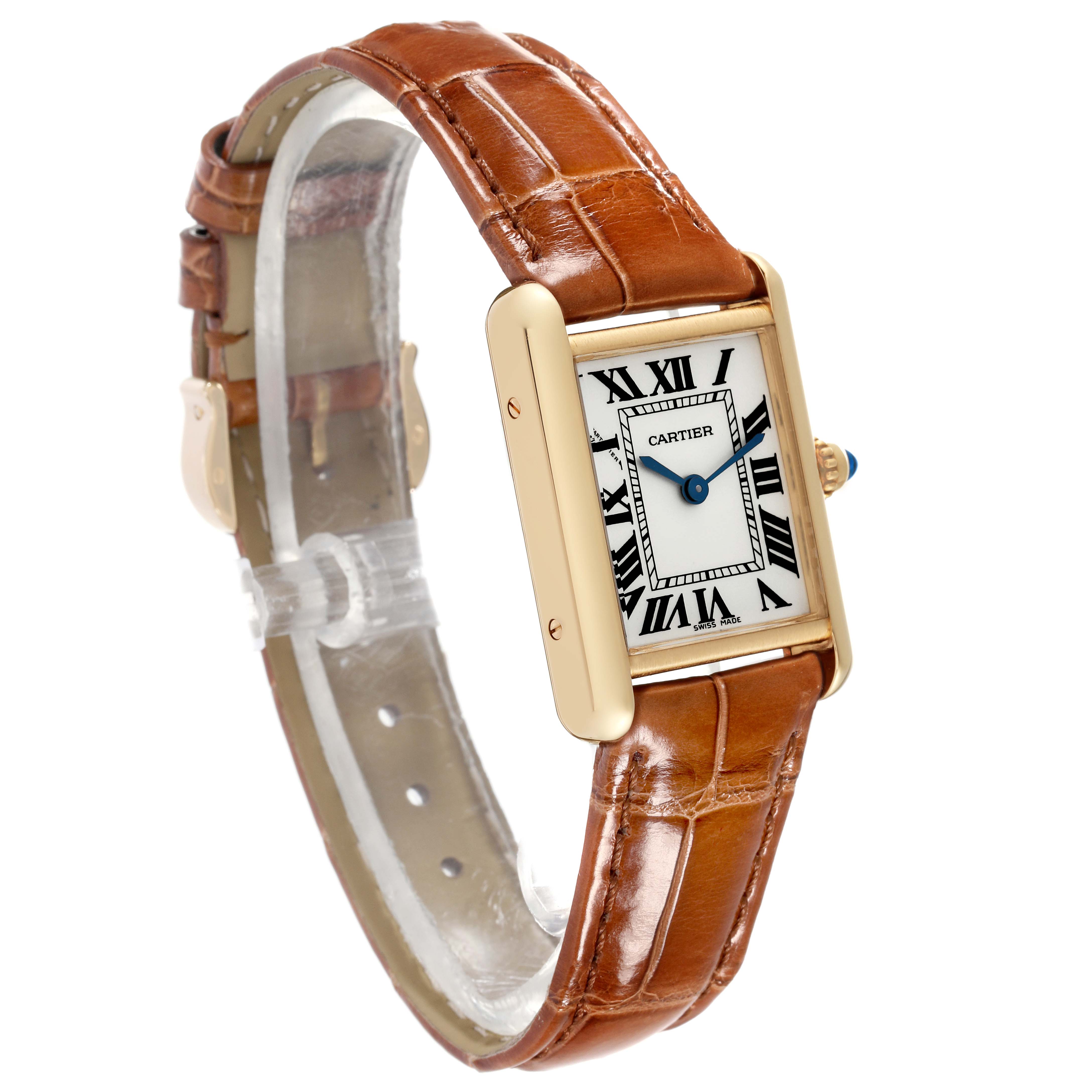 The image shows a Cartier Tank Louis W1529856 Men's Yellow Gold Silver Dial W1529856 Men's Yellow Gold Silver Dial watch at an angle highlighting its rectangular face and brown leather strap.
