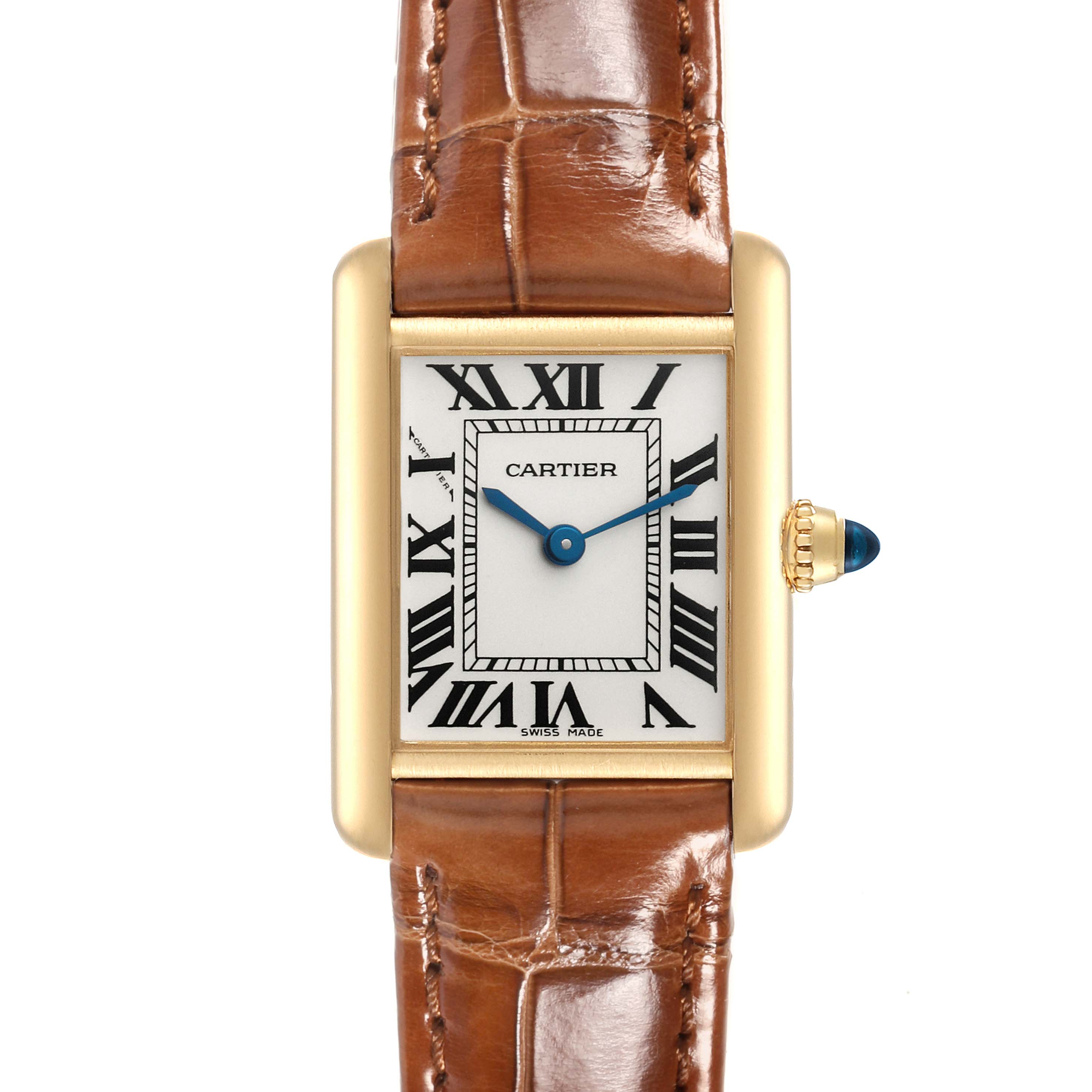 This image shows a front view of the Cartier Tank Louis W1529856 Men's Yellow Gold Silver Dial W1529856 Men's Yellow Gold Silver Dial watch, showcasing the face, Roman numerals, gold case, and a brown leather strap.