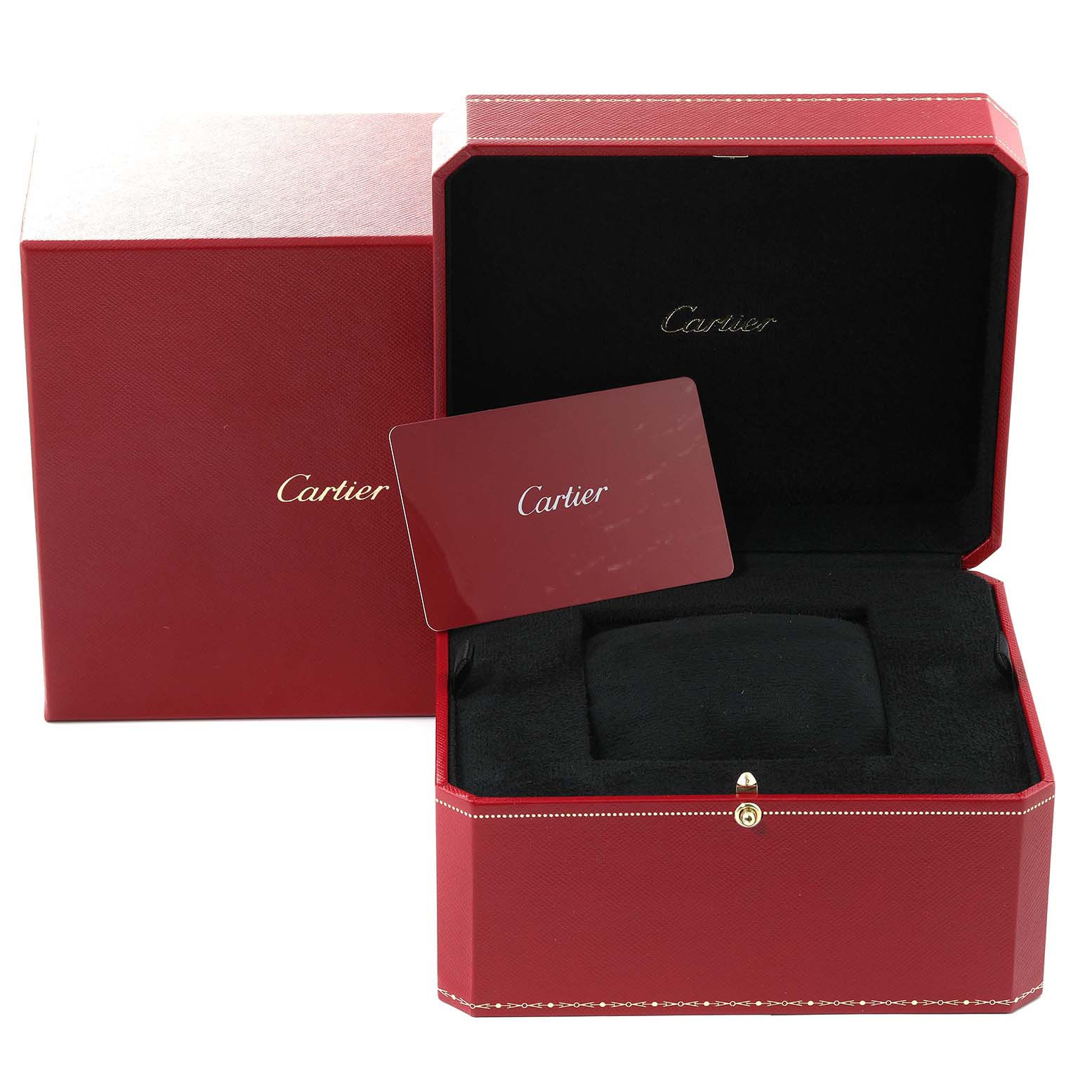 The image shows an open red Cartier box for the Tank Louis model watch, displaying a black interior and a Cartier card.