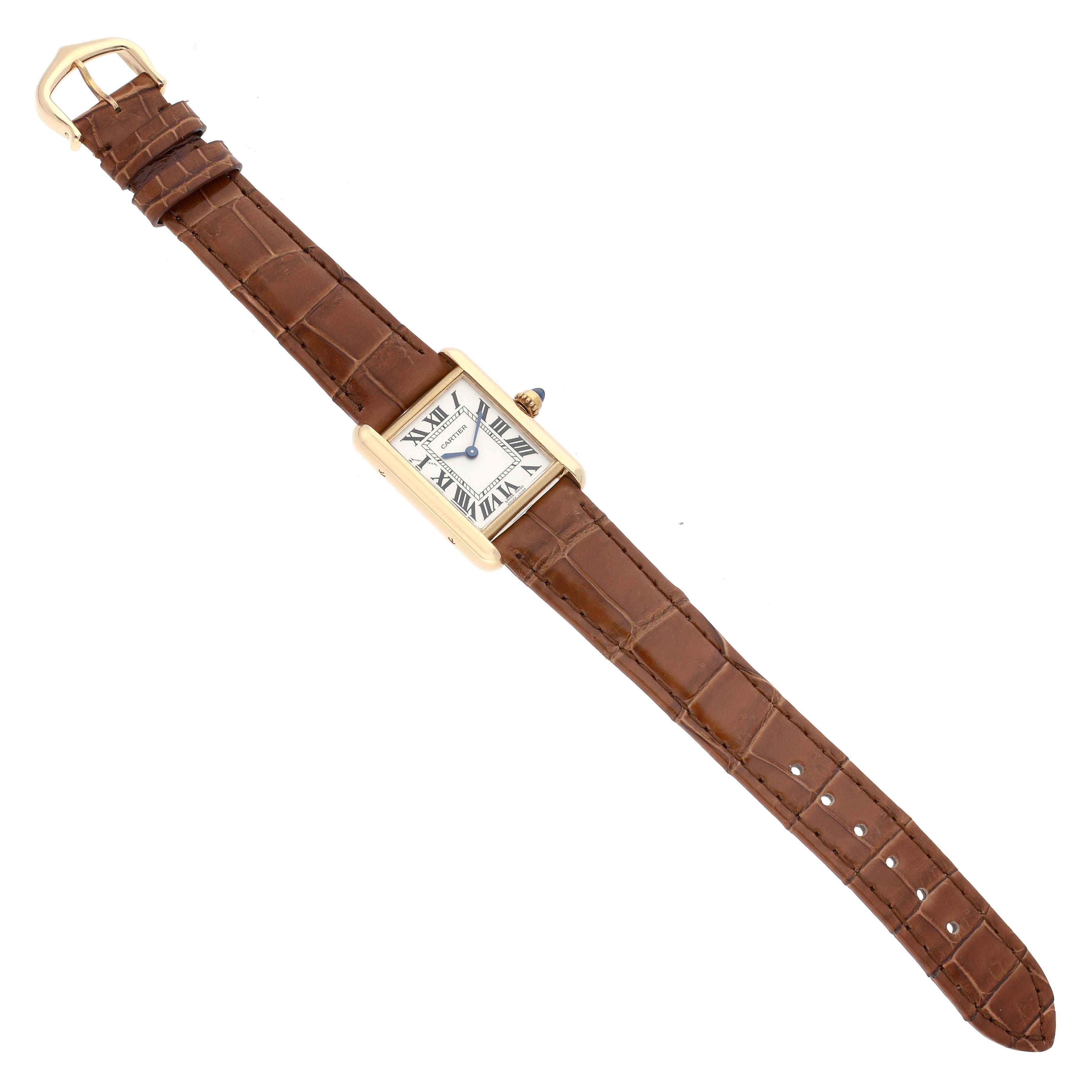 This image shows a brown leather-strapped Cartier Tank Louis W1529856 Men's Yellow Gold Silver Dial W1529856 Men's Yellow Gold Silver Dial watch, laid flat, showcasing the face and strap from a top-down angle.