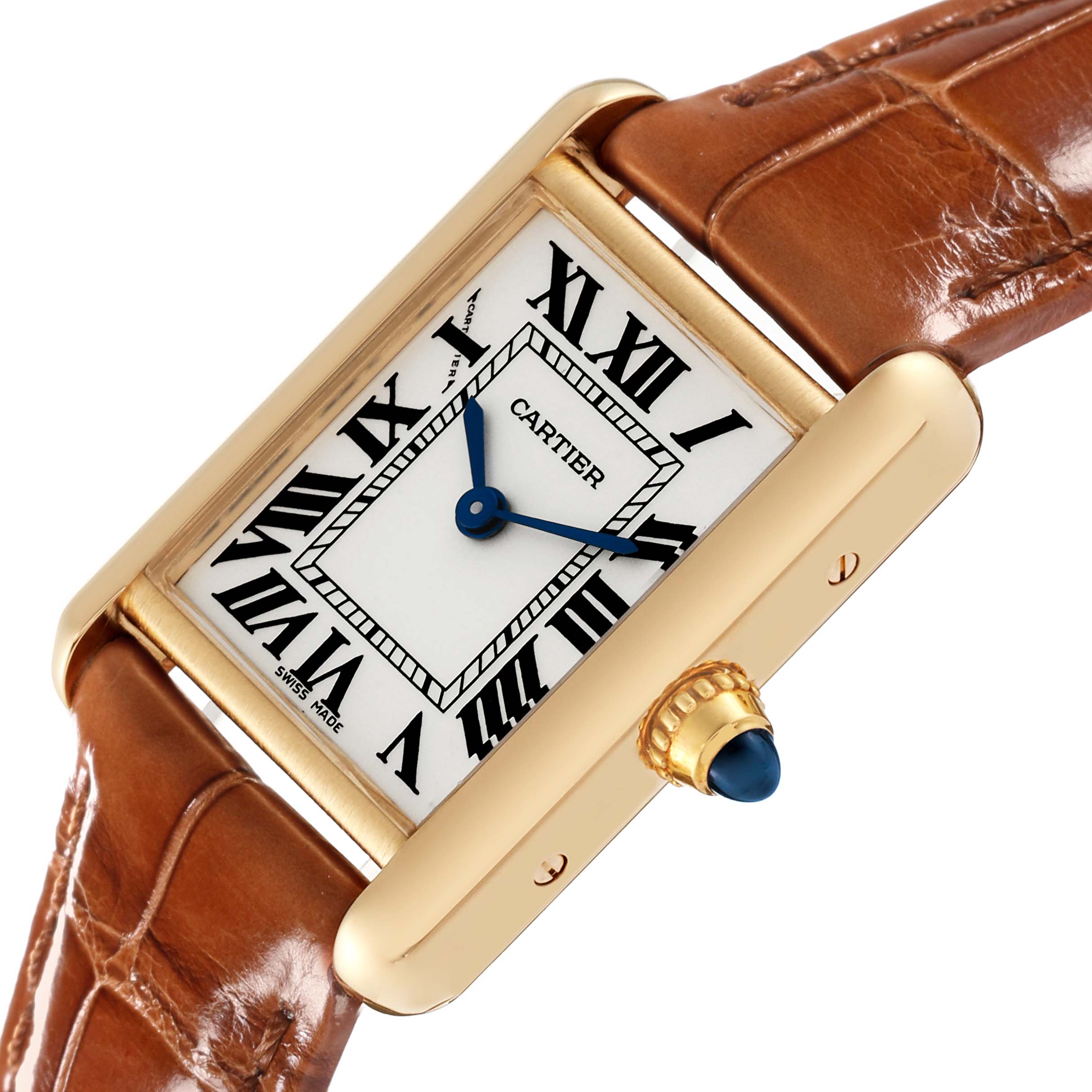 The Cartier Tank Louis W1529856 Men's Yellow Gold Silver Dial W1529856 Men's Yellow Gold Silver Dial watch is shown at an angle displaying the face, crown, and brown leather strap.