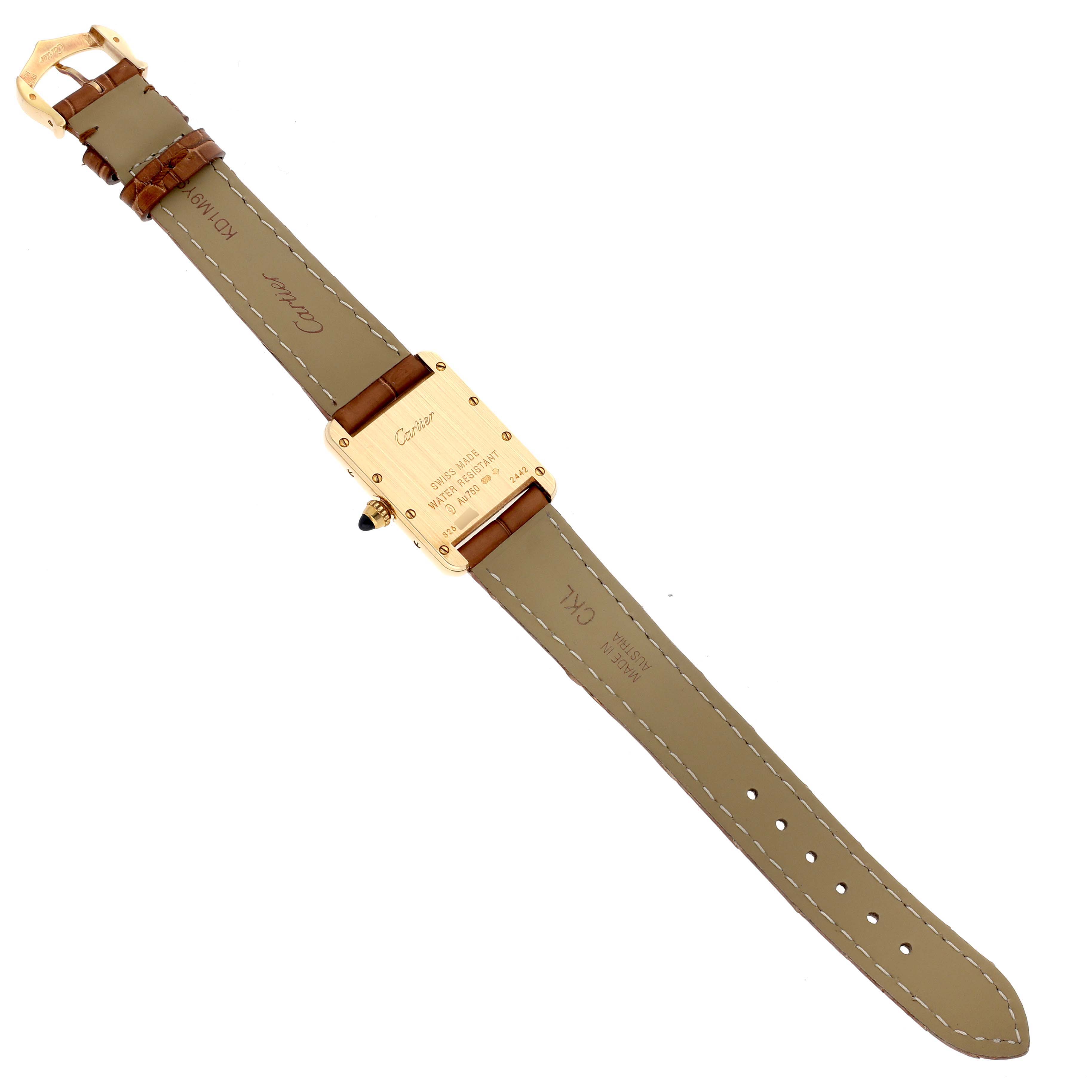 The image shows the back view and beige strap of a Cartier Tank Louis W1529856 Men's Yellow Gold Silver Dial W1529856 Men's Yellow Gold Silver Dial watch.