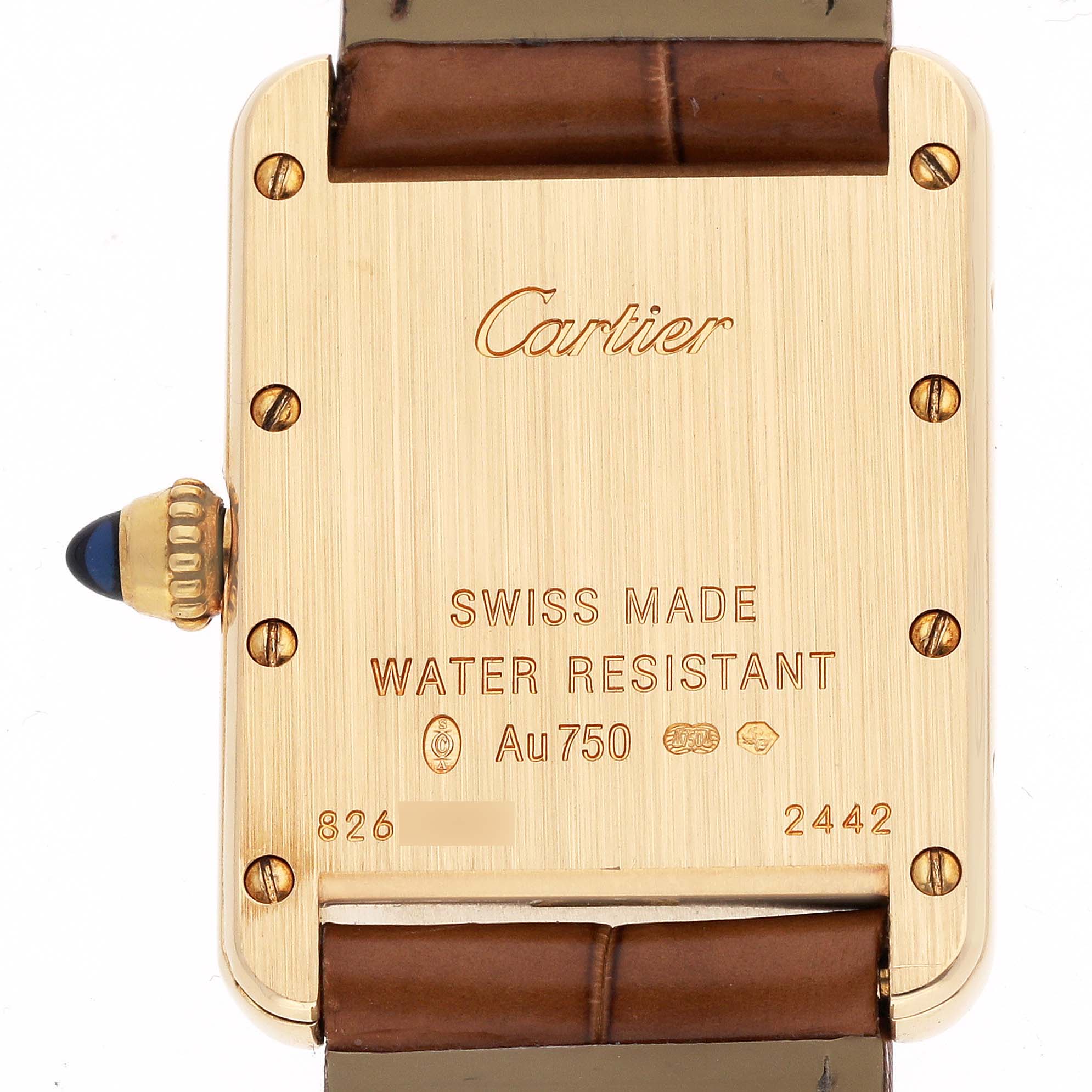 The image shows the case back of the Cartier Tank Louis W1529856 Men's Yellow Gold Silver Dial W1529856 Men's Yellow Gold Silver Dial model watch, highlighting its engraved information and leather strap attachment.