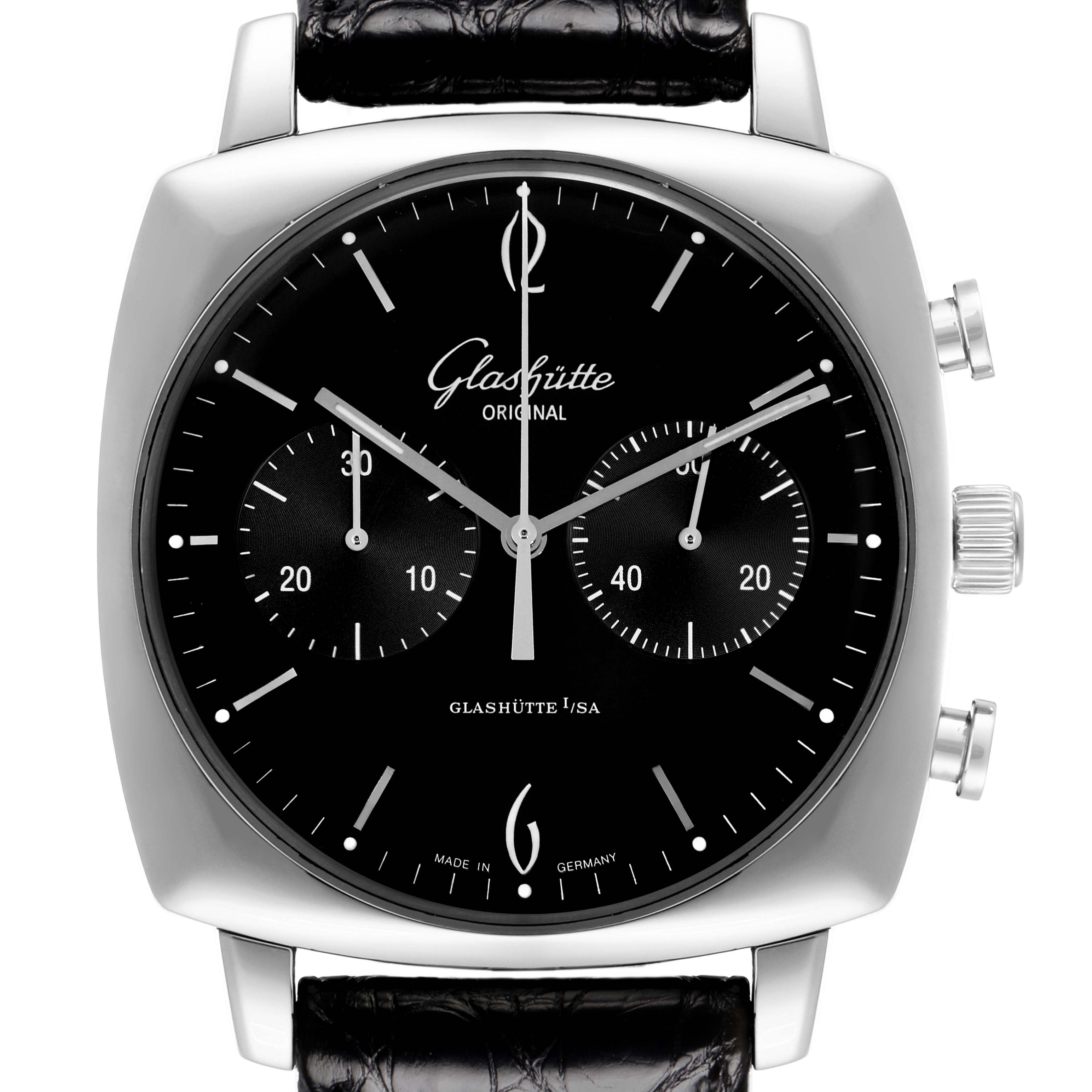 The image shows a frontal view of the Glashütte Senator model (1-39-34-02-32-04) men
s watch, highlighting the dial, subdials, case, and crown.