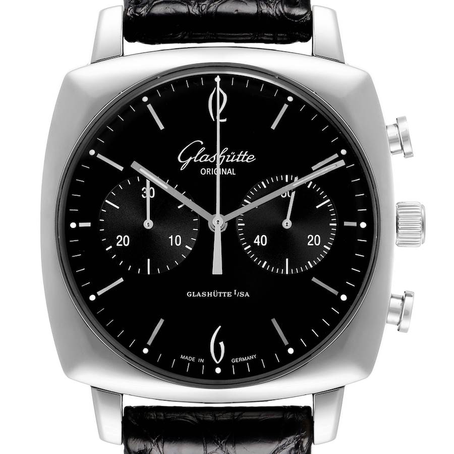The image shows a frontal view of the Glashütte Senator model (1-39-34-02-32-04) men's watch, highlighting the dial, subdials, case, and crown.