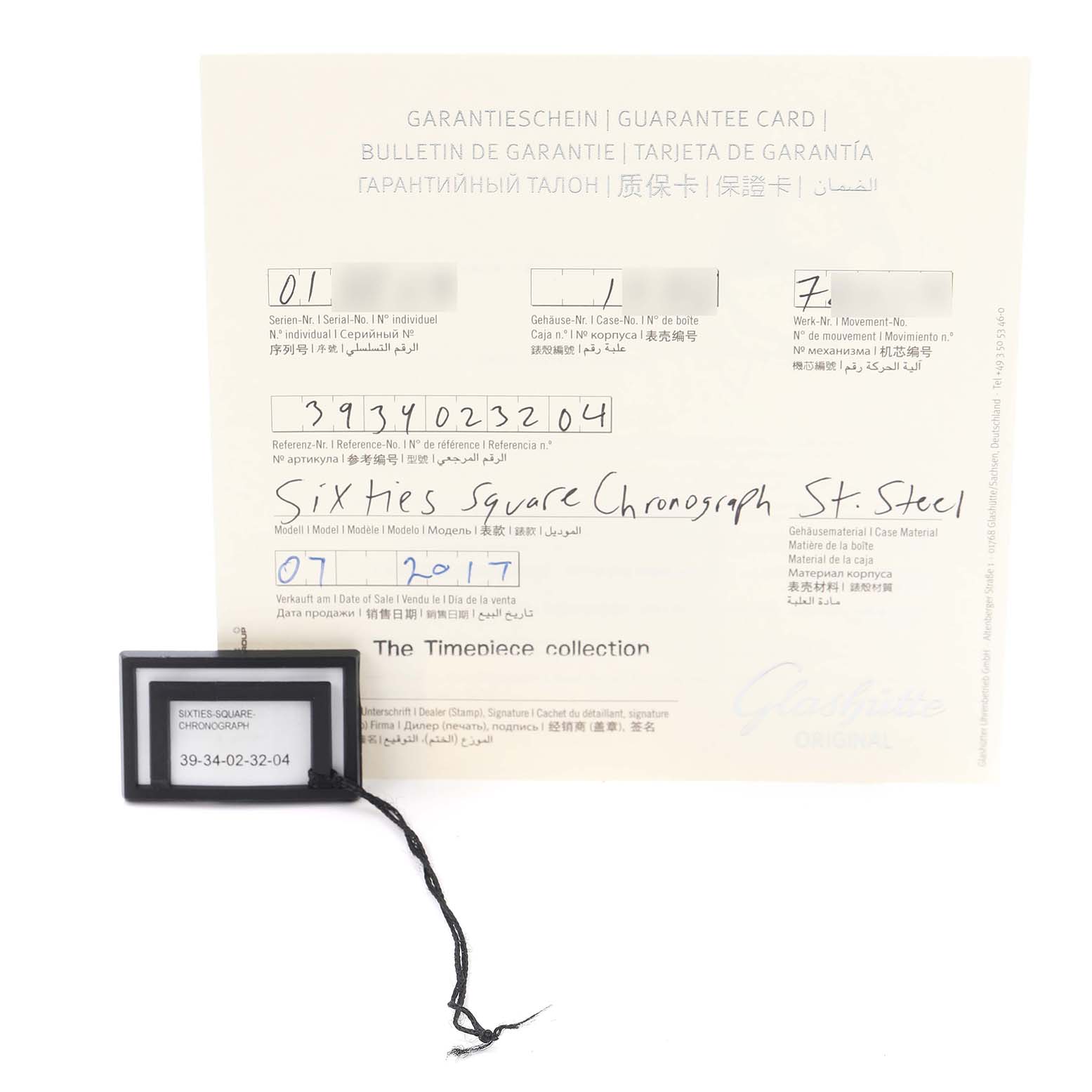 The image shows the guarantee card and label for a Glashütte Senator model watch, model number 1-39-34-02-32-04, with a square chronograph tag.