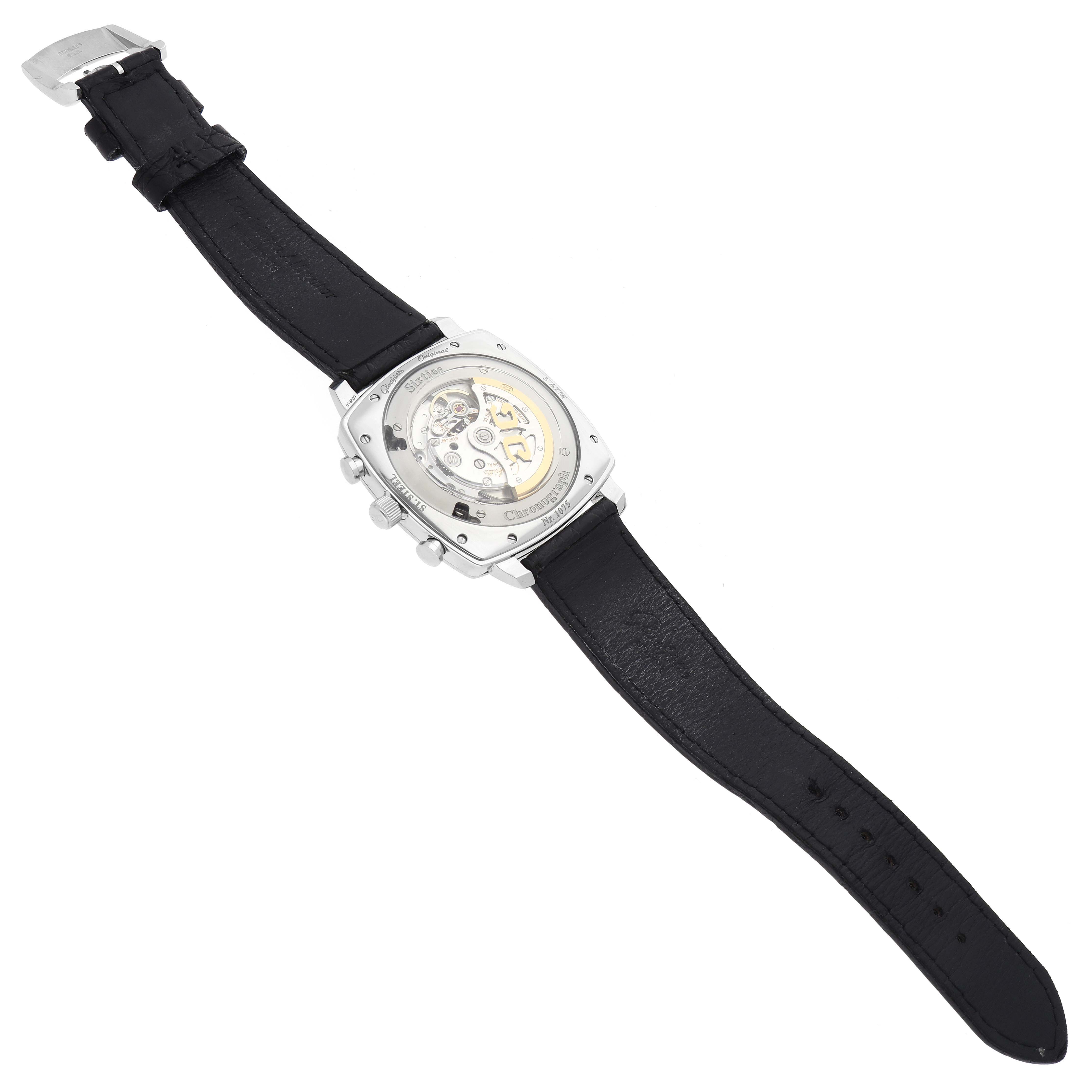 The image shows the back view of a Glashütte Senator model (1-39-34-02-32-04) men
s watch, highlighting its movement and black leather strap.