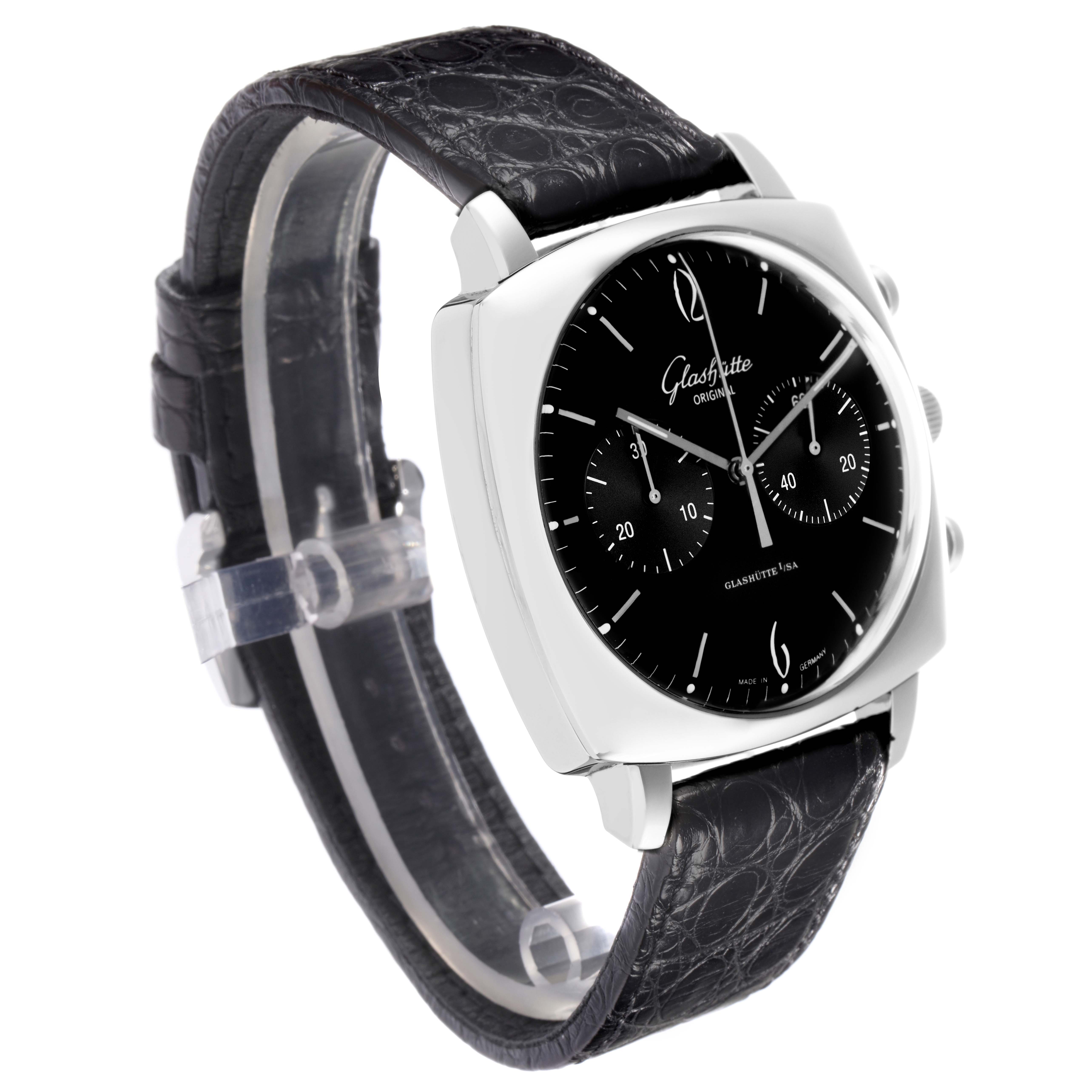 The Glashütte Senator model (1-39-34-02-32-04) is shown from an angled side view, highlighting the black dial, sub-dials, leather strap, and metal case.