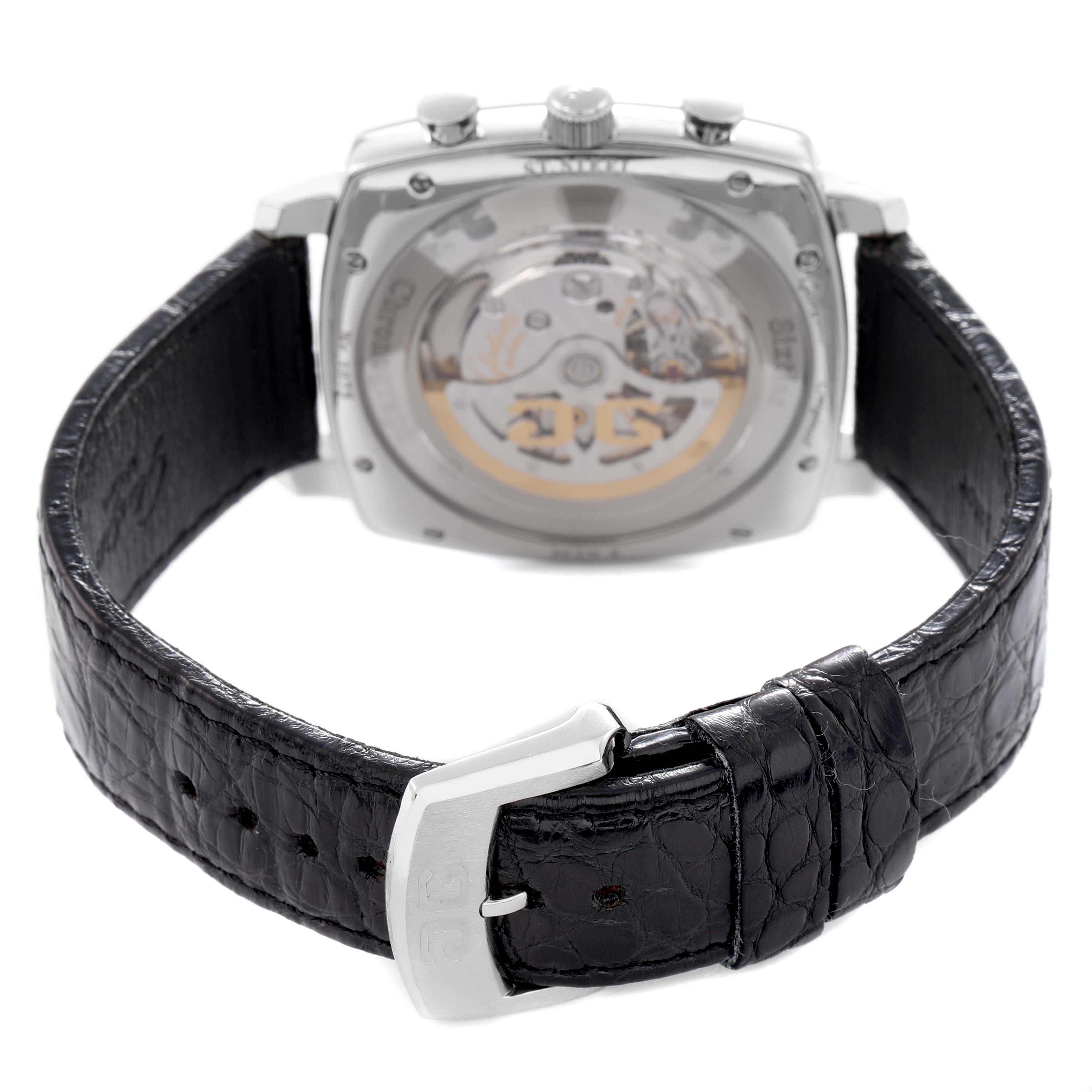 The image shows the back view of a Glashütte Senator model watch, model number 1-39-34-02-32-04, featuring an open case back and black leather strap.