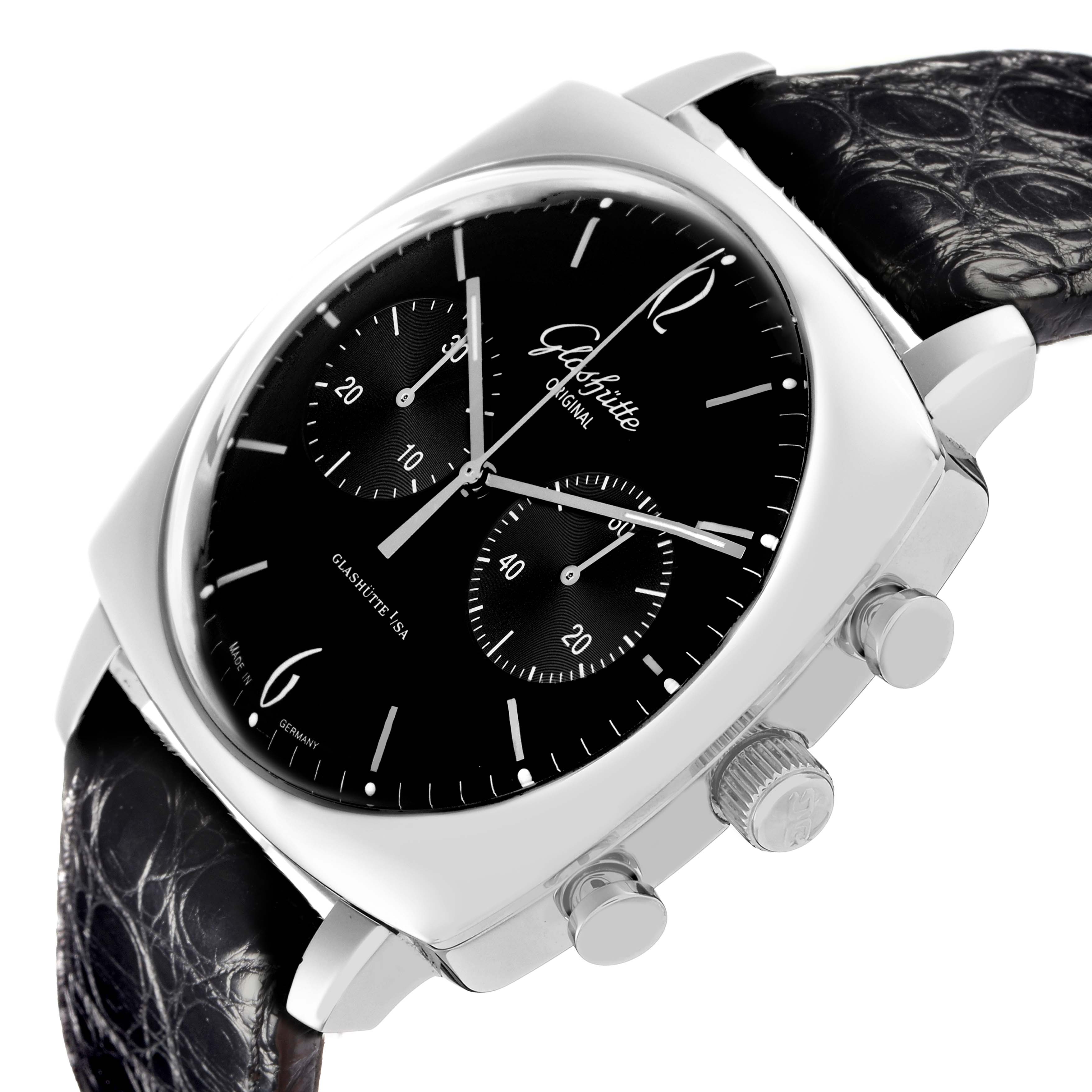 The image shows a Glashütte Senator model number 1-39-34-02-32-04 from a side angle, displaying the black dial, chronograph subdials, and crown with pushers.