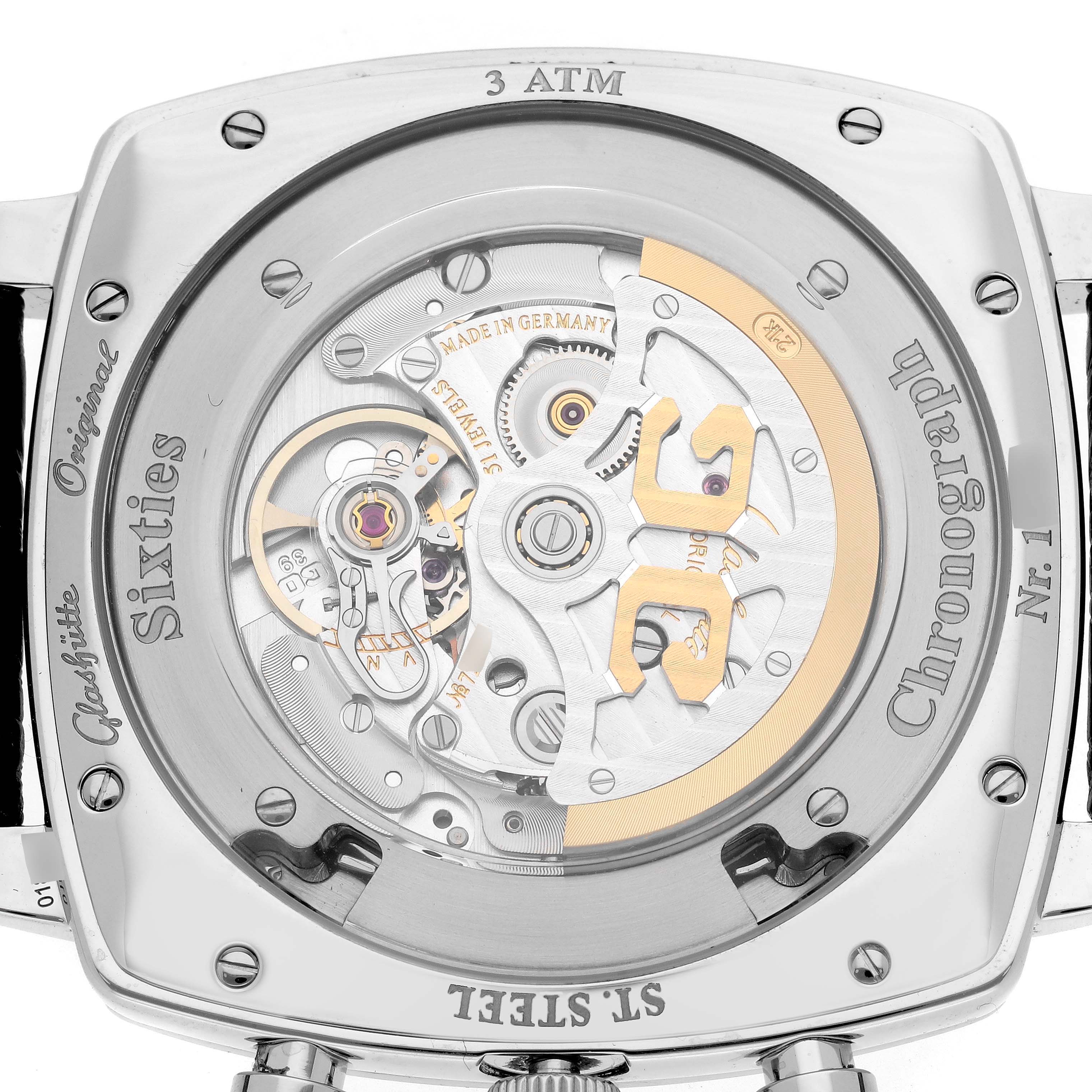 The image shows the back of the Senator model watch by Glashütte, model number 1-39-34-02-32-04, highlighting its intricate mechanical movement.