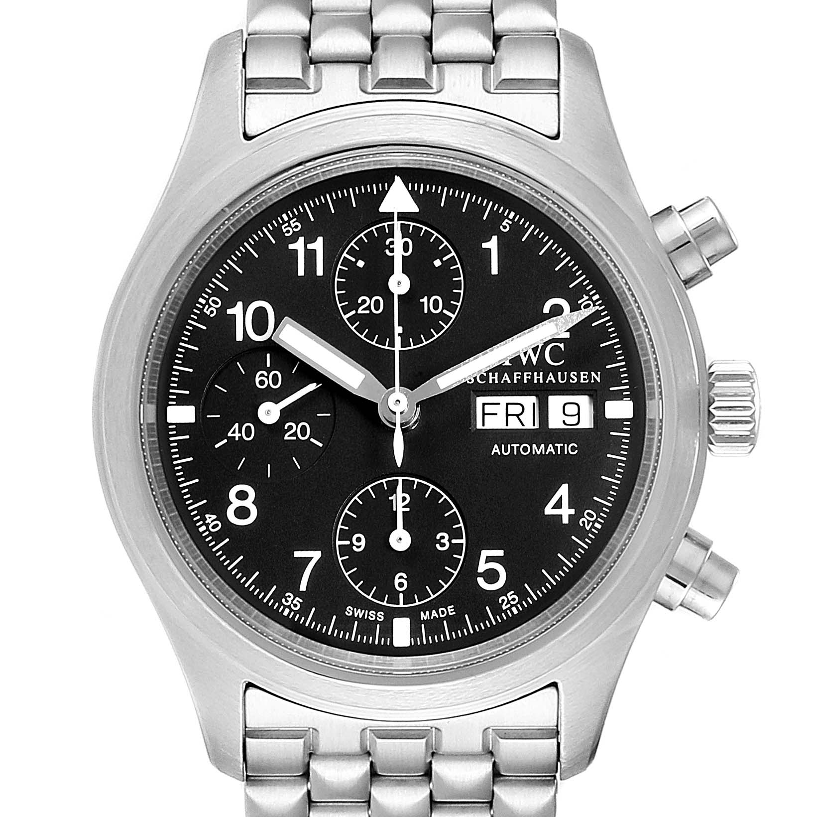 The image shows a frontal view of the IWC Pilot IW370607 Men's Stainless Steel Black Dial IW370607 Men's Stainless Steel Black Dial model watch, highlighting its dial, stainless steel case, and bracelet.