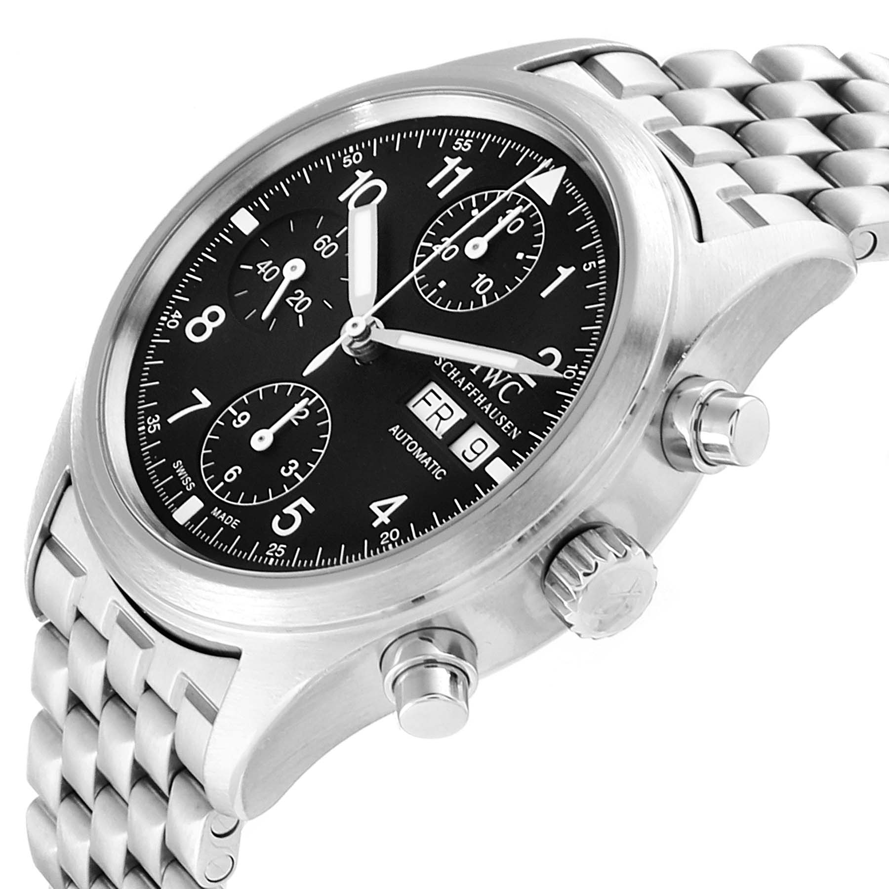 This IWC Pilot IW370607 Men's Stainless Steel Black Dial IW370607 Men's Stainless Steel Black Dial model watch is shown from an angled side view, displaying the face, crown, pushers, and part of the bracelet.