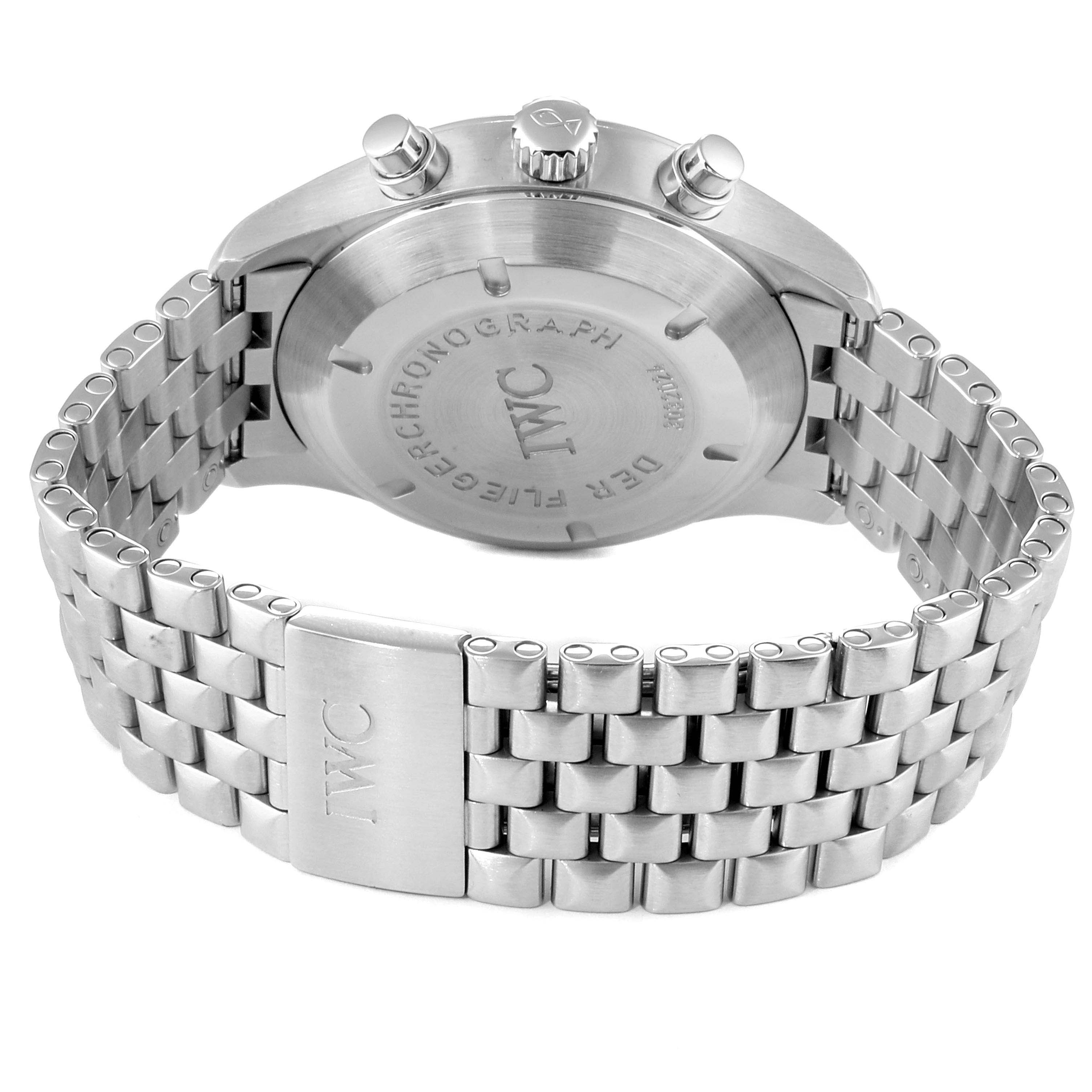 This image shows the back and bracelet of the IWC Pilot IW370607 Men's Stainless Steel Black Dial IW370607 Men's Stainless Steel Black Dial model watch at an oblique angle.