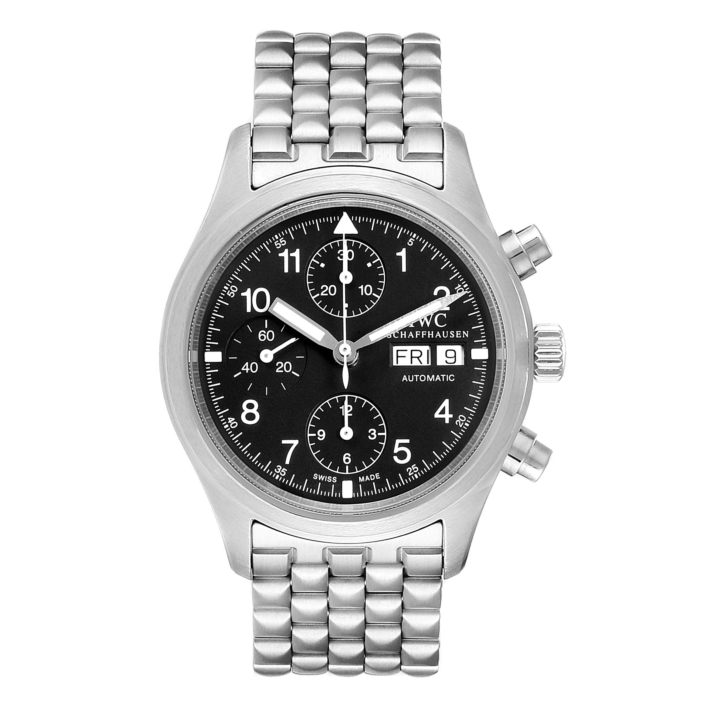 This image shows a frontal view of the IWC Pilot IW370607 Men's Stainless Steel Black Dial IW370607 Men's Stainless Steel Black Dial model watch, displaying its face, chronograph dials, and metal bracelet.