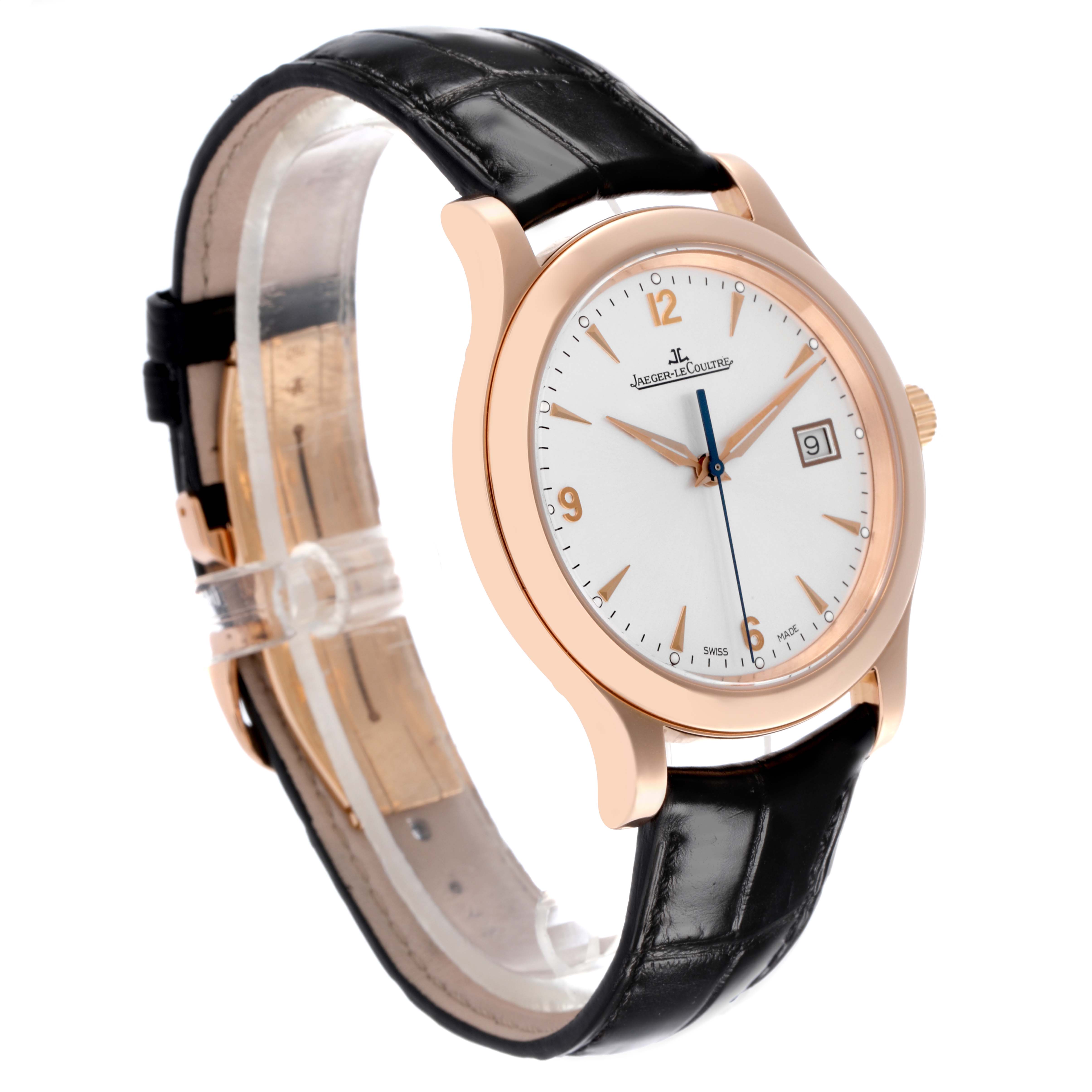 The Jaeger LeCoultre Master model Q1392420 is shown at a slight angle, highlighting its dial, case, crown, and leather strap.