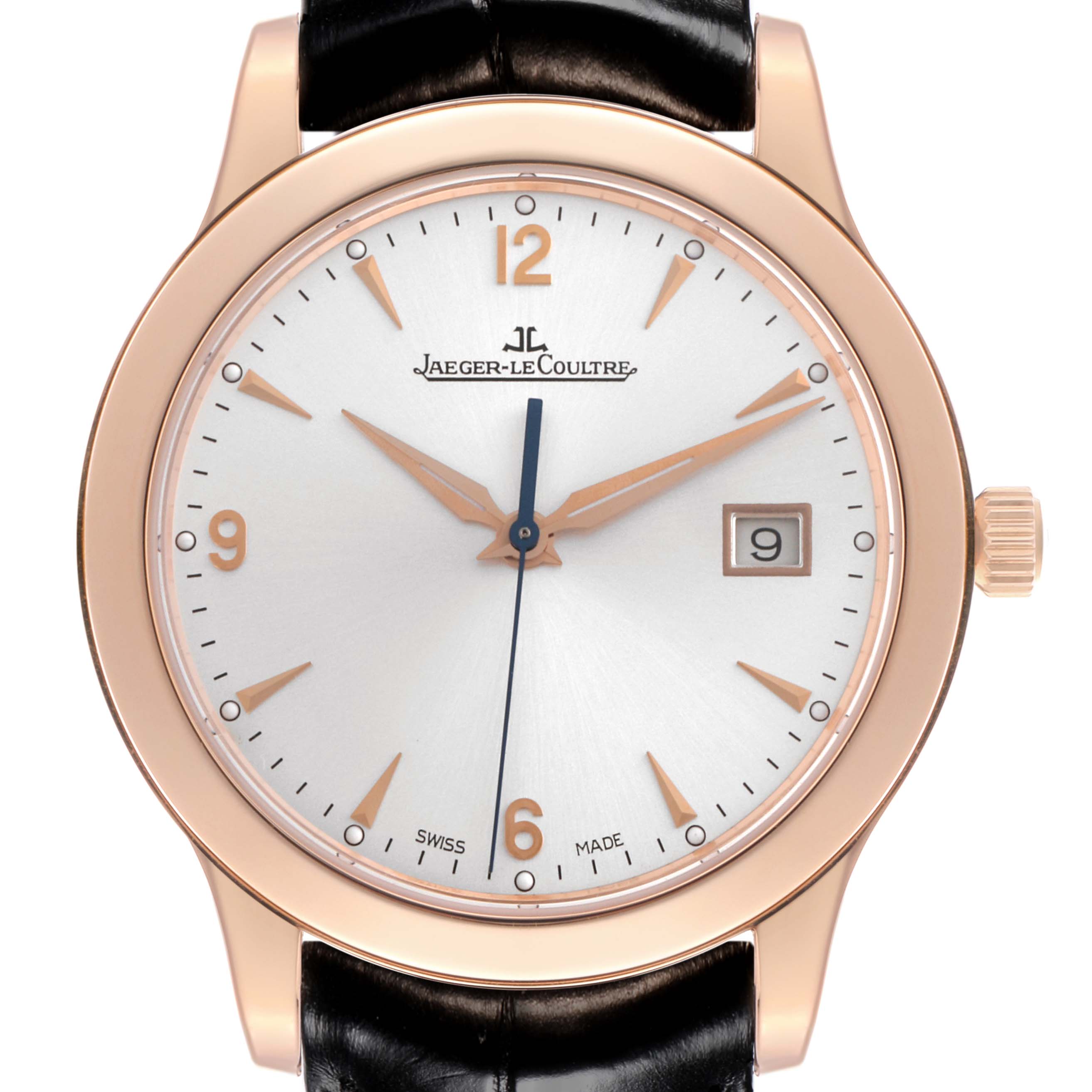 The Jaeger LeCoultre Master Q1392420 men's watch is shown from a front angle, highlighting the dial, hands, gold case, and date window.