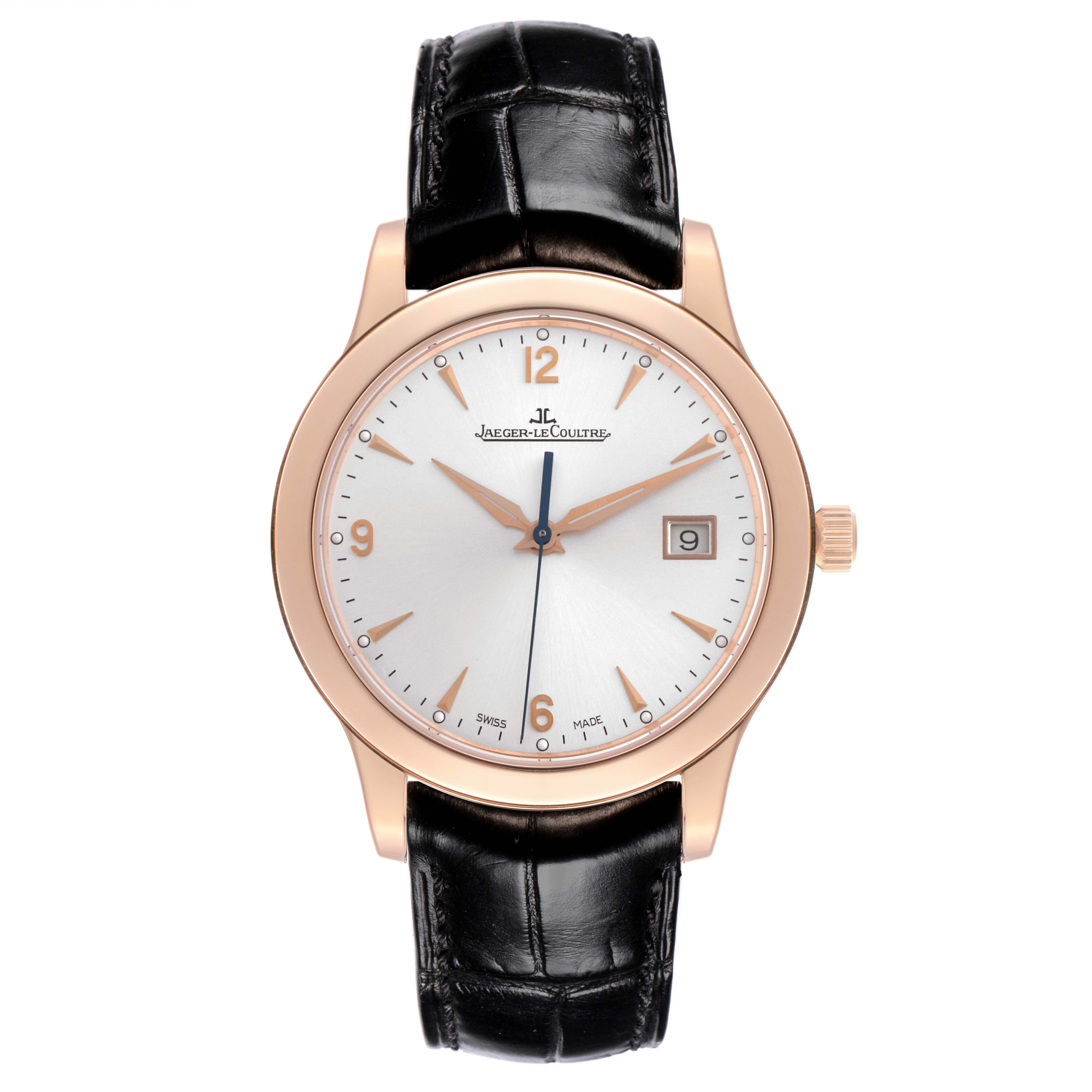 The Jaeger LeCoultre Master model Q1392420 men's watch is shown from the front, highlighting its face, dial, hands, and strap.