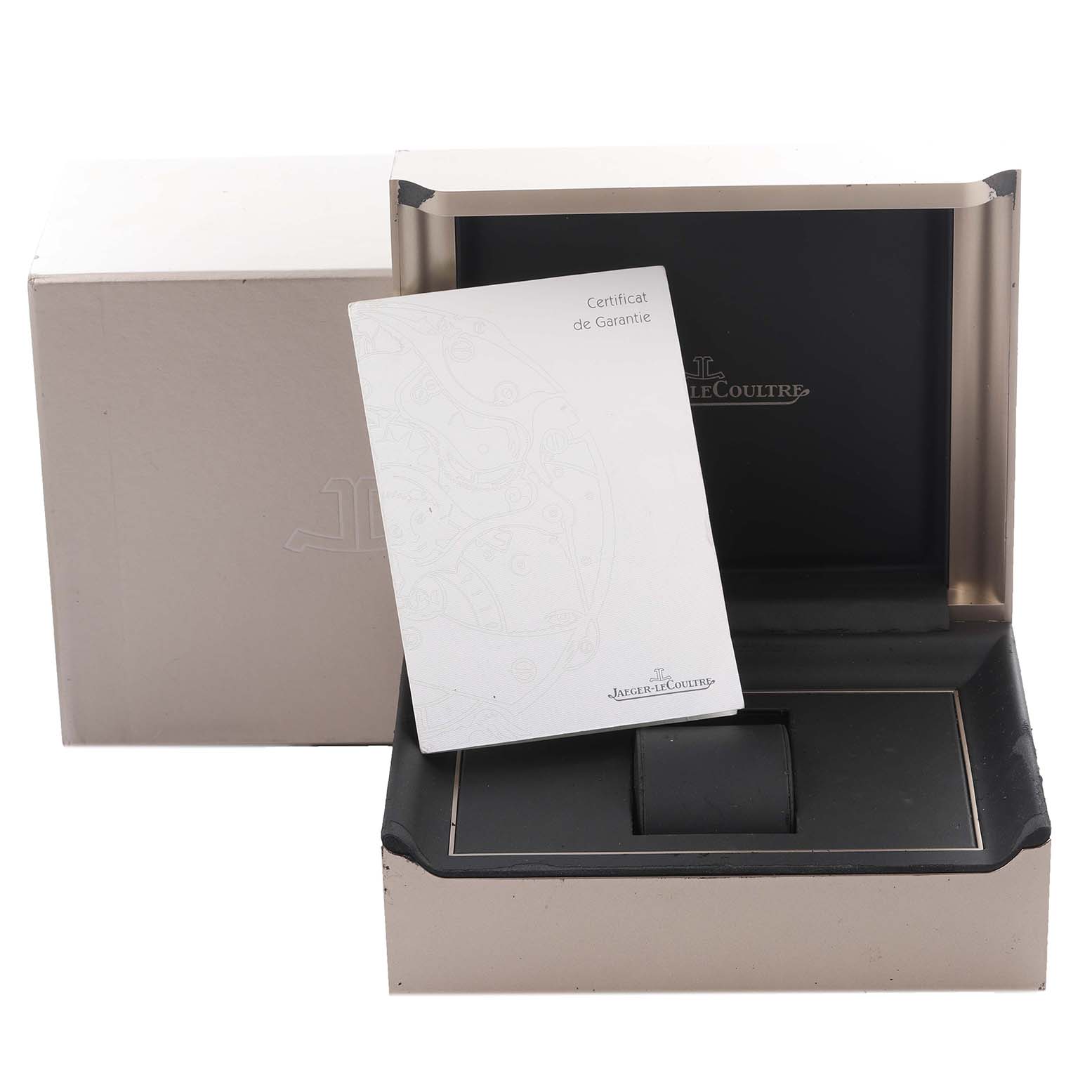 The image shows the packaging and guarantee certificate for a Jaeger LeCoultre Master model Q1392420 men's watch, with the box open and the documents visible.