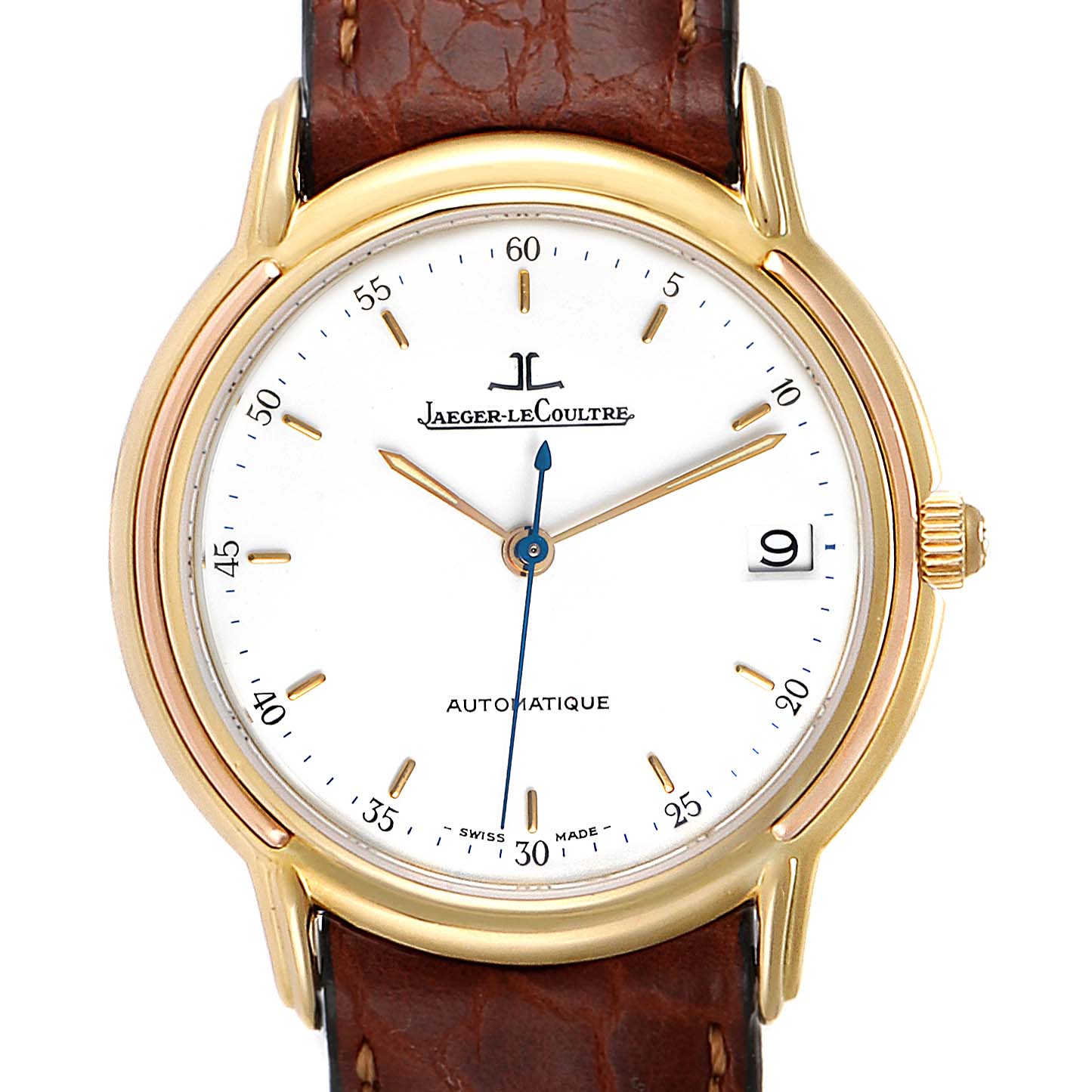This image shows a front view of a Vintage Jaeger LeCoultre watch, highlighting its face, case, crown, and leather strap.