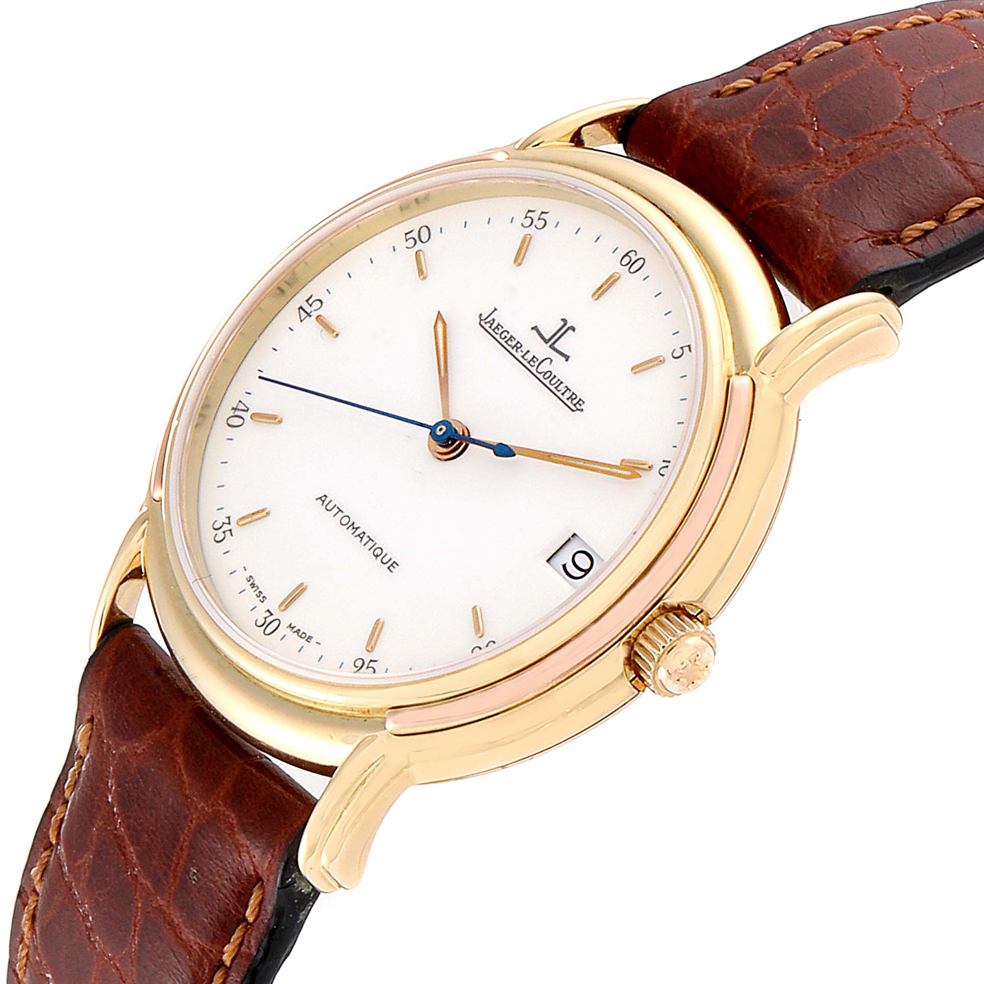 This Jaeger LeCoultre Vintage 165.7.89 Men's Yellow Gold White Dial 165.7.89 Men's Yellow Gold White Dial model watch is shown at a slight angle displaying the dial, bezel, crown, and part of the leather strap.