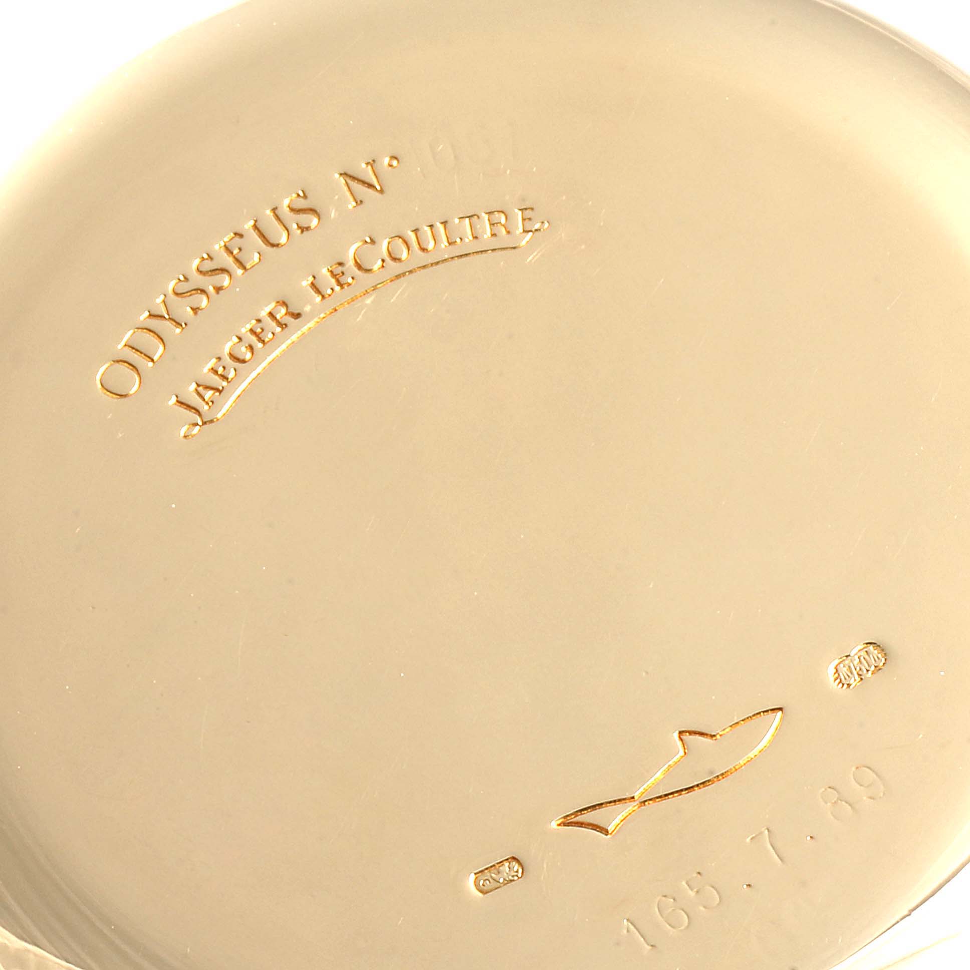 This image shows the back case of a Vintage Jaeger LeCoultre watch, featuring engraving and model details.