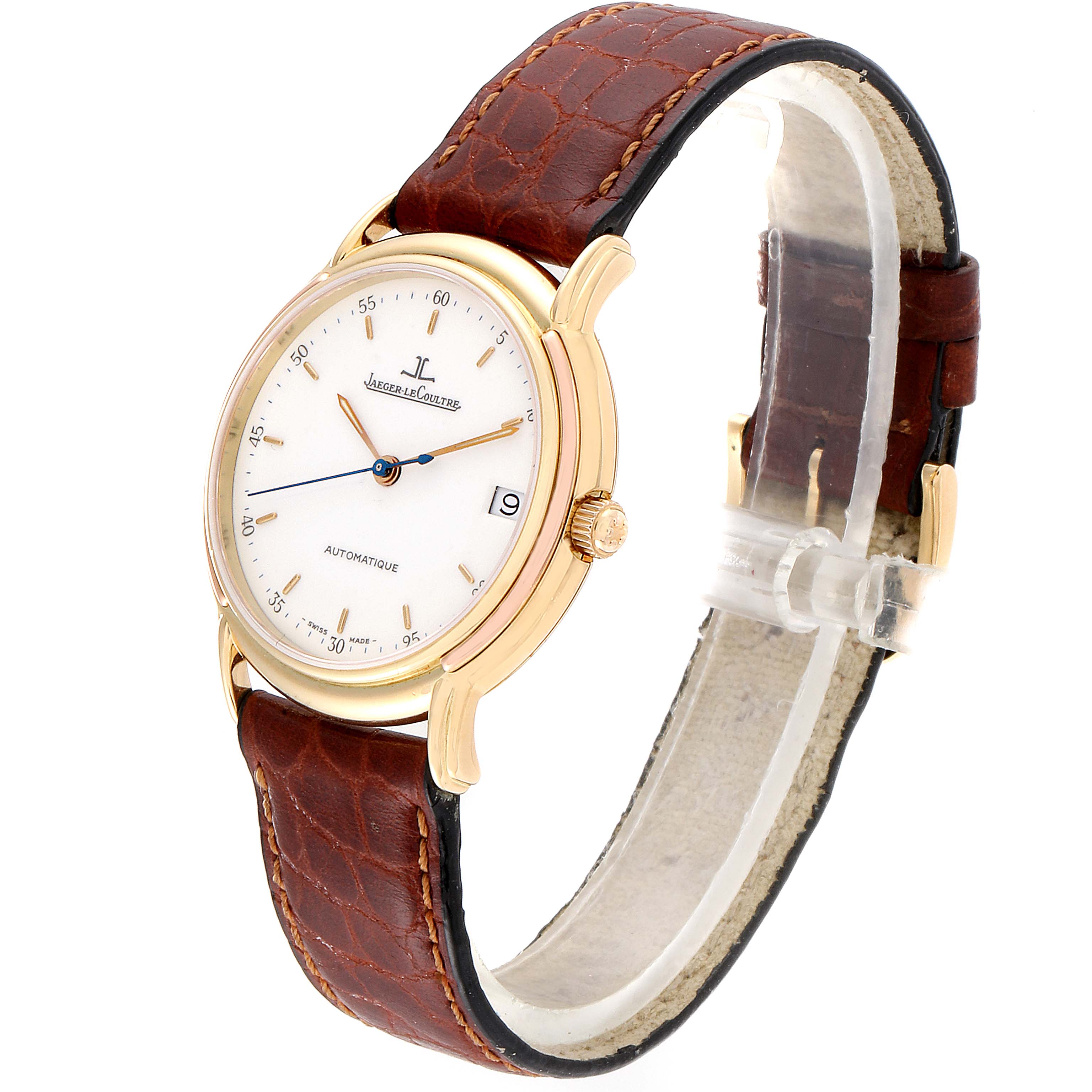 The Vintage Jaeger LeCoultre watch is shown from a three-quarter angle featuring the face, bezel, case, and leather strap.