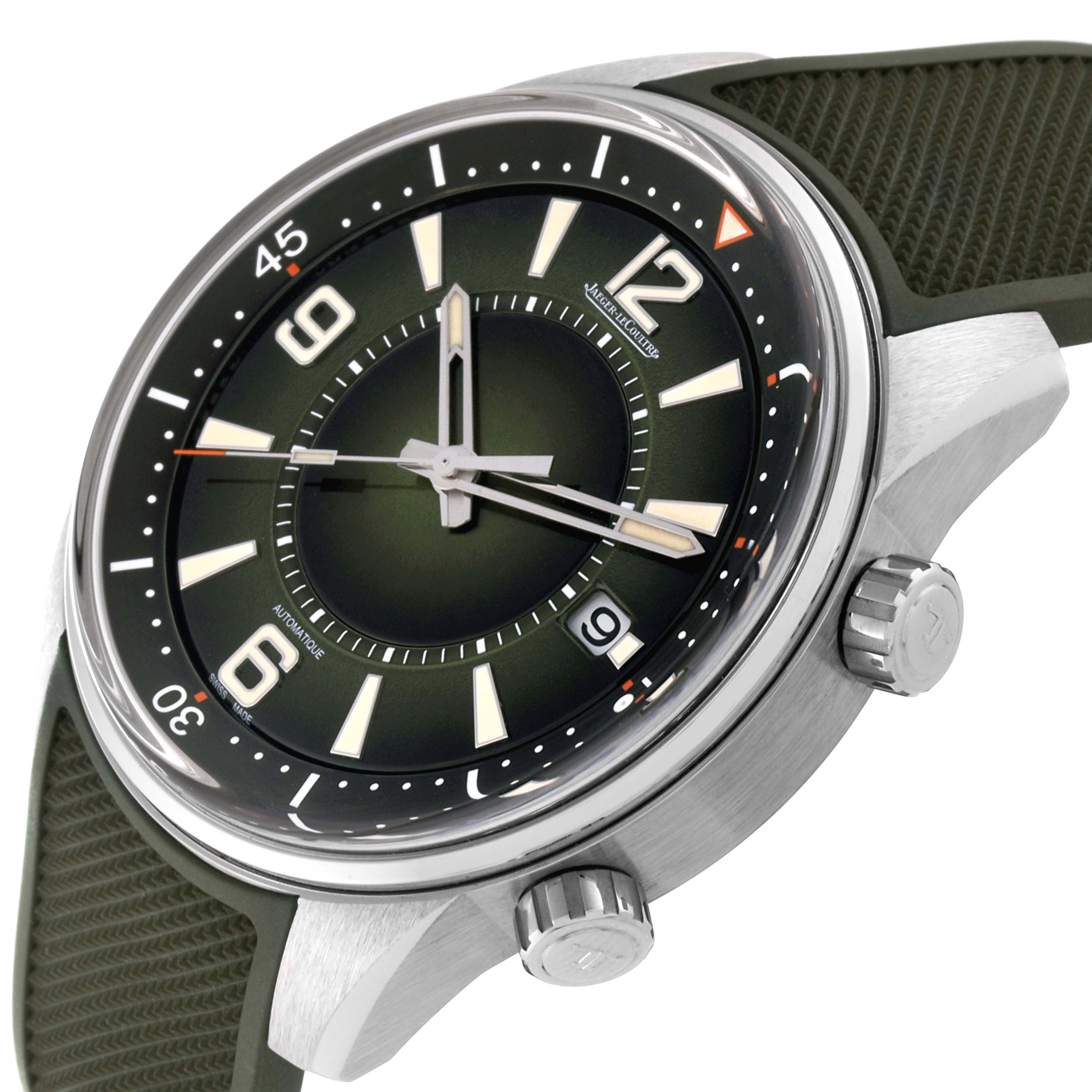 This angled view of the Jaeger LeCoultre Polaris Q906863J Men's Stainless Steel Green Dial Q906863J Men's Stainless Steel Green Dial watch shows the face, bezel, dual crowns, and part of the strap.