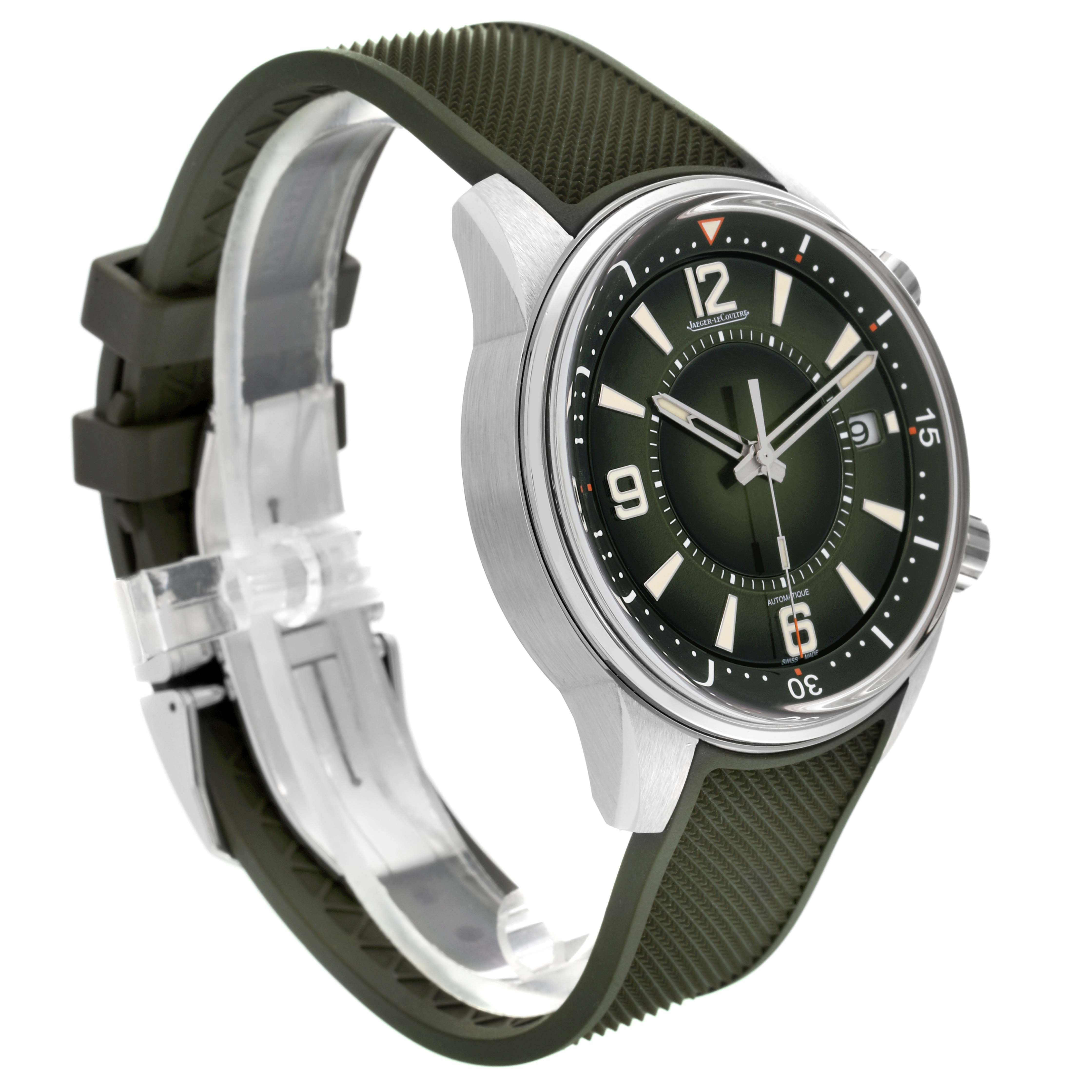 The Jaeger LeCoultre Polaris Q906863J Men's Stainless Steel Green Dial Q906863J Men's Stainless Steel Green Dial watch is shown at a three-quarter angle, highlighting the case, dial, and rubber strap.