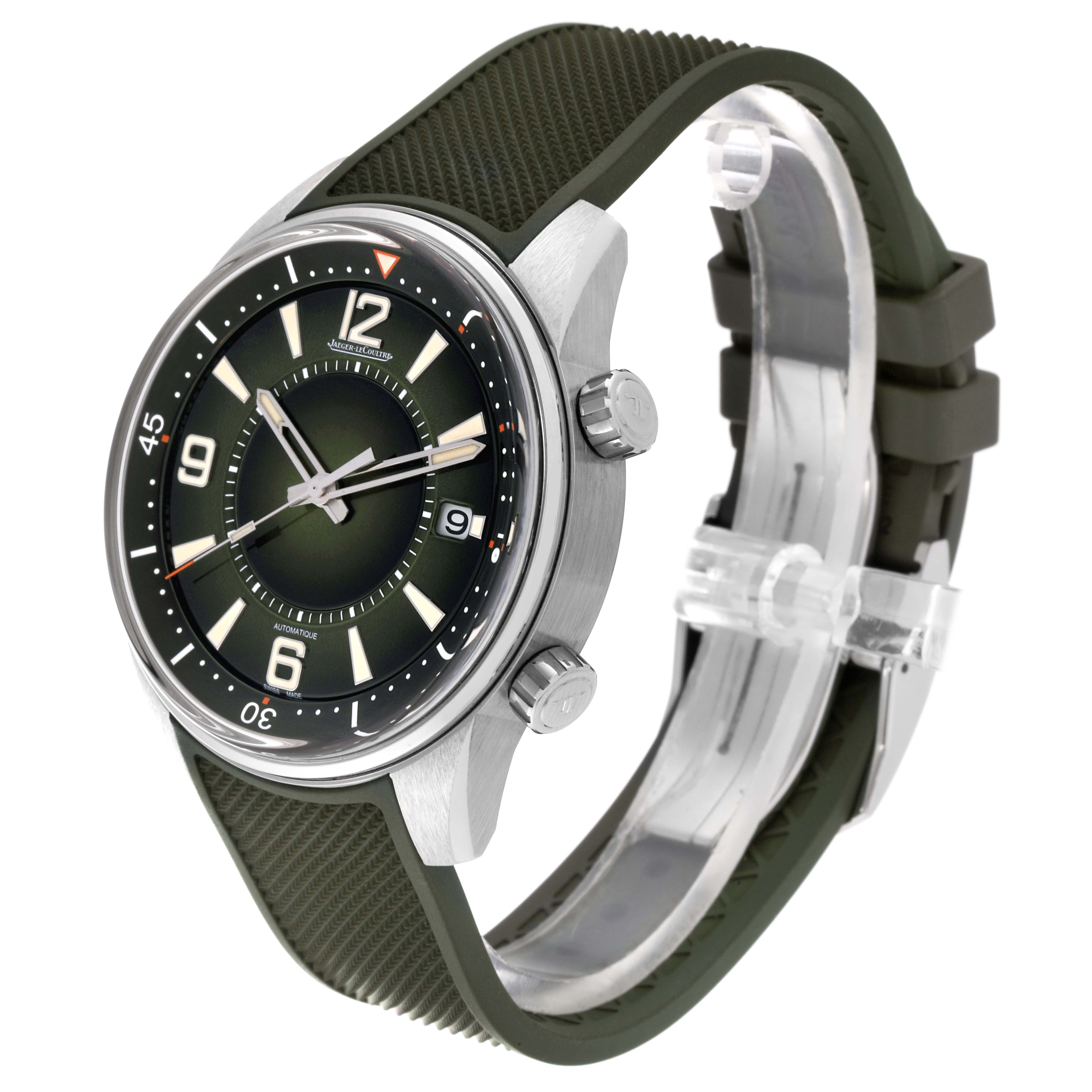 The image shows a Jaeger LeCoultre Polaris Q906863J Men's Stainless Steel Green Dial Q906863J Men's Stainless Steel Green Dial watch at a 45-degree angle, highlighting the face, side crowns, and green rubber strap.
