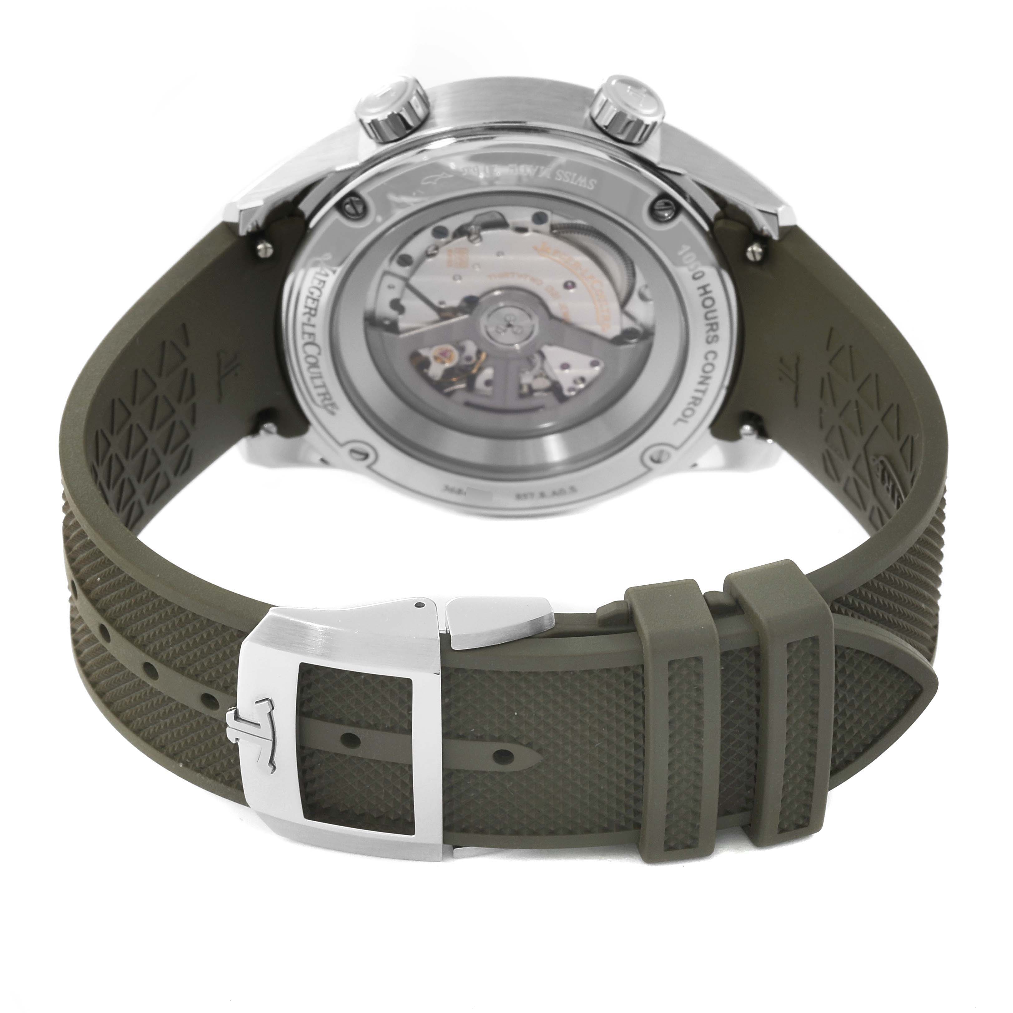 This image shows a rear angle of the Jaeger LeCoultre Polaris Q906863J Men's Stainless Steel Green Dial Q906863J Men's Stainless Steel Green Dial watch, highlighting its case back and green rubber strap.
