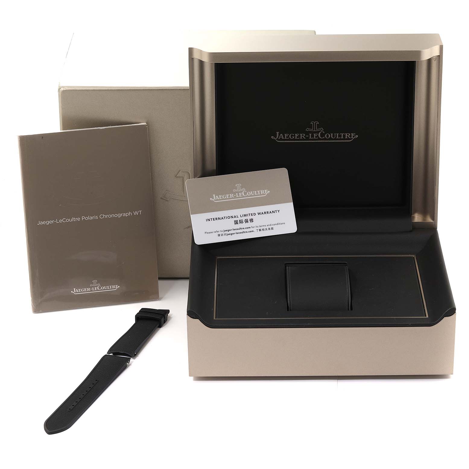 The image shows the Jaeger LeCoultre Polaris Q906863J Men's Stainless Steel Green Dial Q906863J Men's Stainless Steel Green Dial Chronograph WT box set with a detached strap, warranty card, and manual.