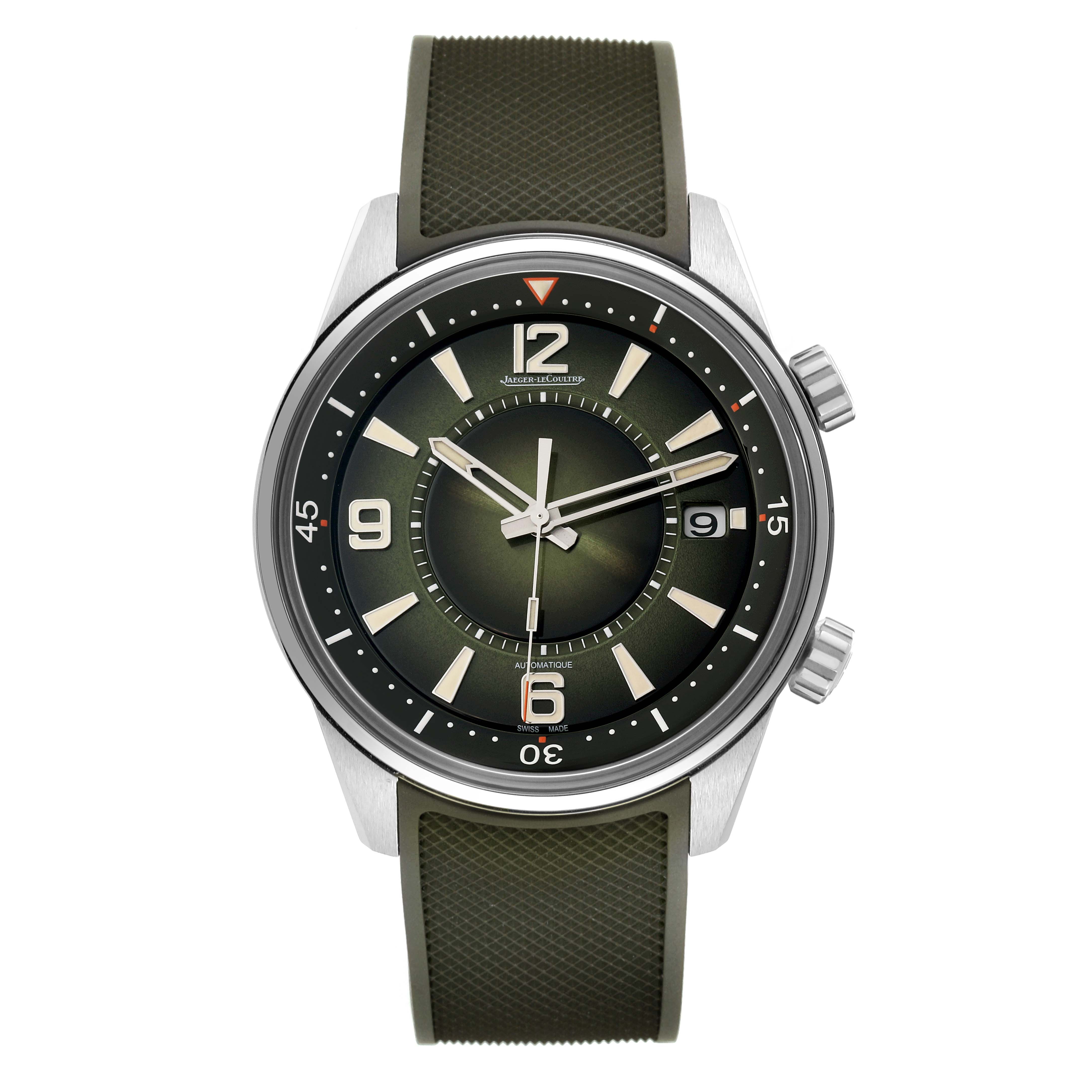 This image shows a front view of the Jaeger LeCoultre Polaris Q906863J Men's Stainless Steel Green Dial Q906863J Men's Stainless Steel Green Dial watch model, displaying the face, bezel, and strap.