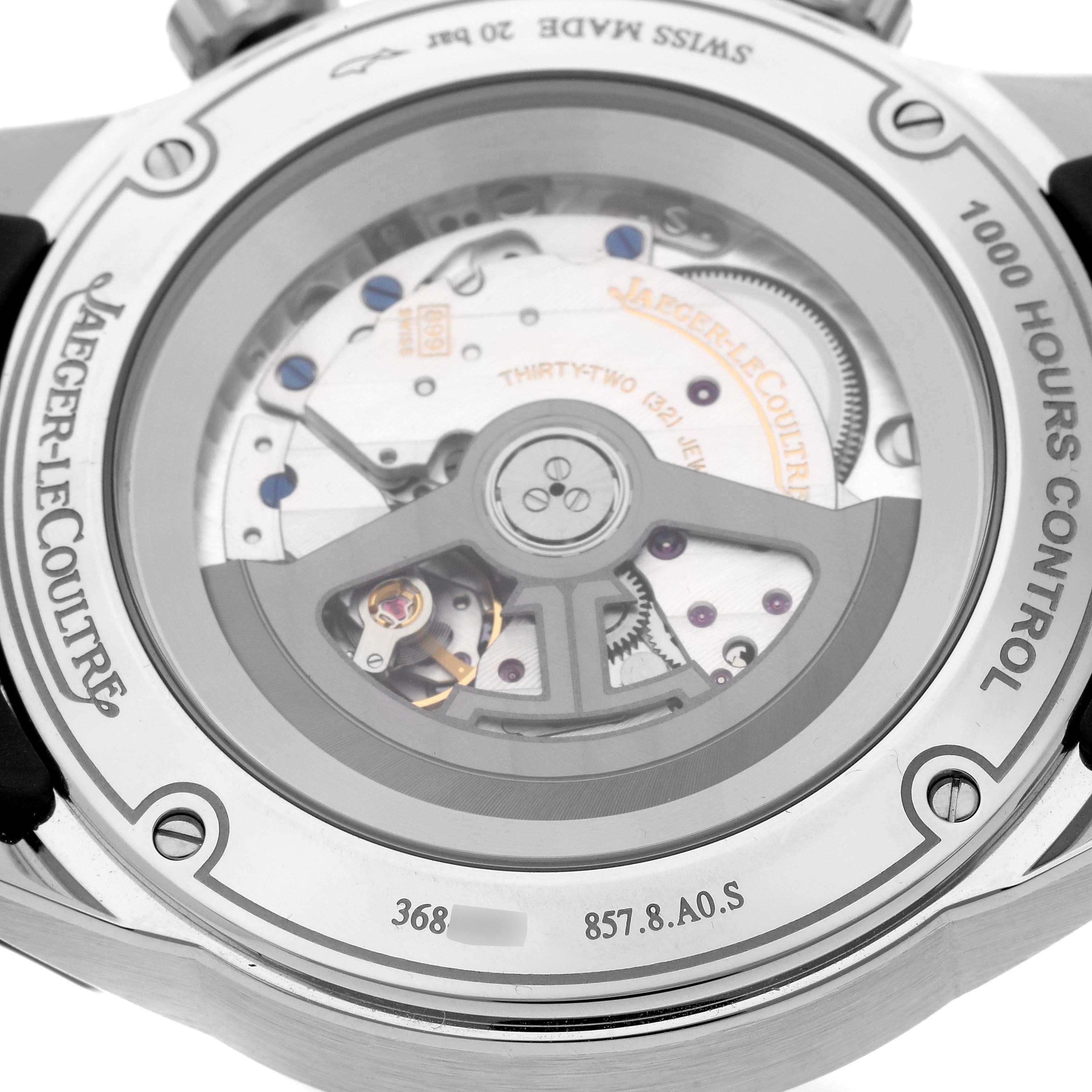 The image shows the back of the Jaeger-LeCoultre Polaris watch, highlighting its movement and engraving details.