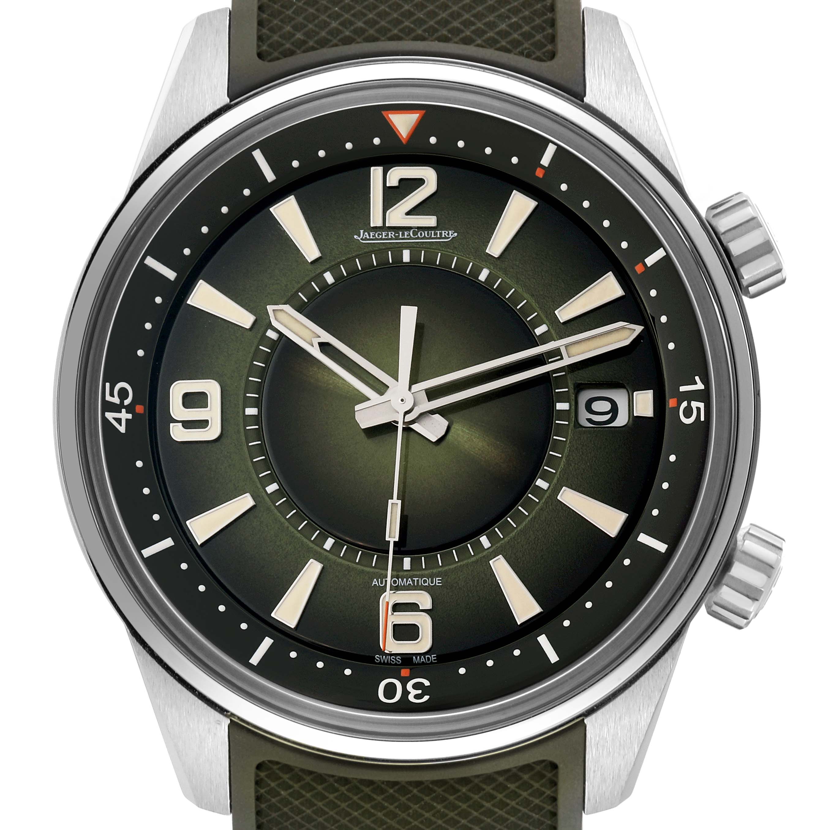 The image shows a front view of the Jaeger LeCoultre Polaris Q906863J Men's Stainless Steel Green Dial Q906863J Men's Stainless Steel Green Dial watch, highlighting the dial, hands, date window, and two crowns.
