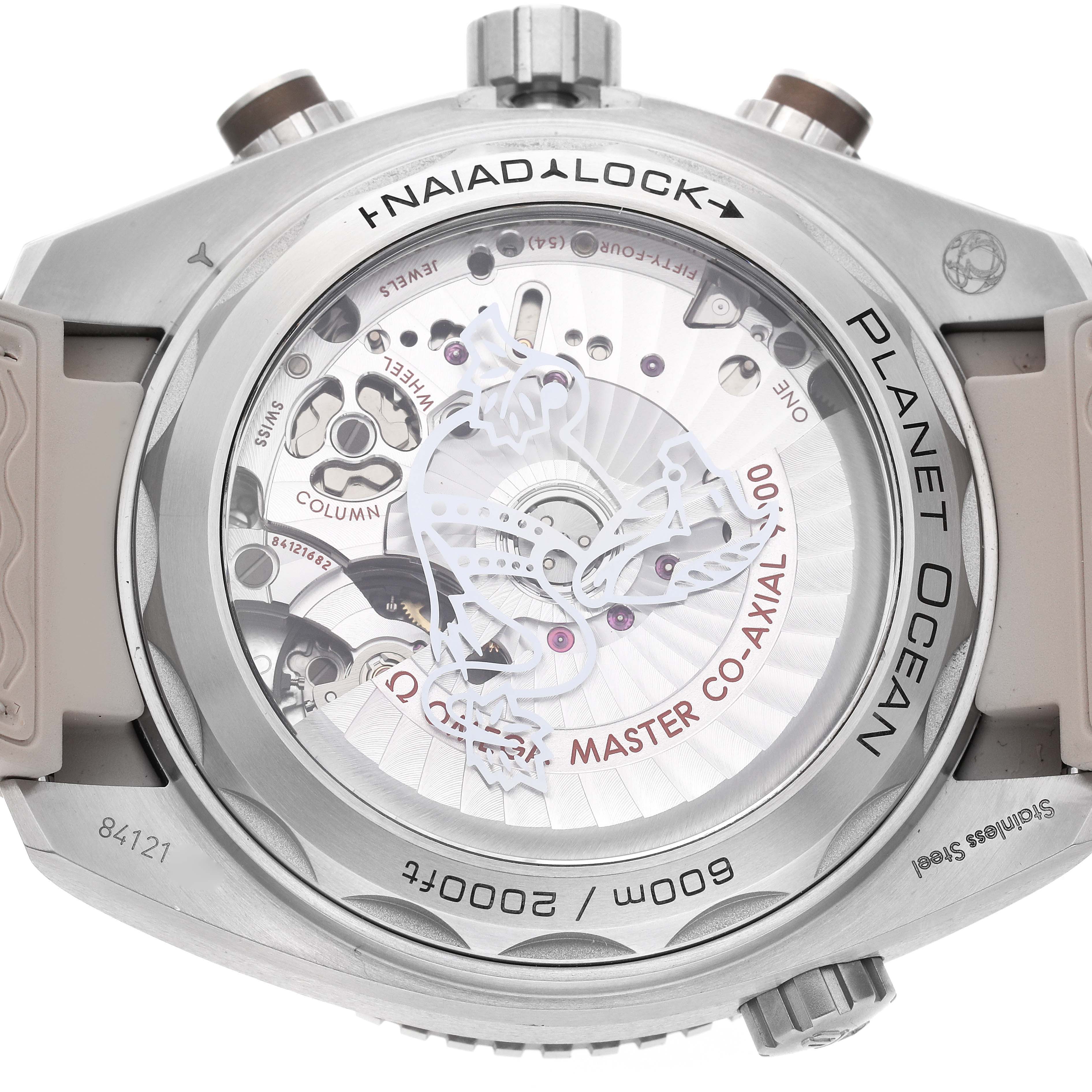 This image shows the case back of the Omega Planet Ocean 215.32.46.51.09.001 Men's Stainless Steel Beige Dial 215.32.46.51.09.001 Men's Stainless Steel Beige Dial watch, revealing the intricate movement and Naiad Lock system.