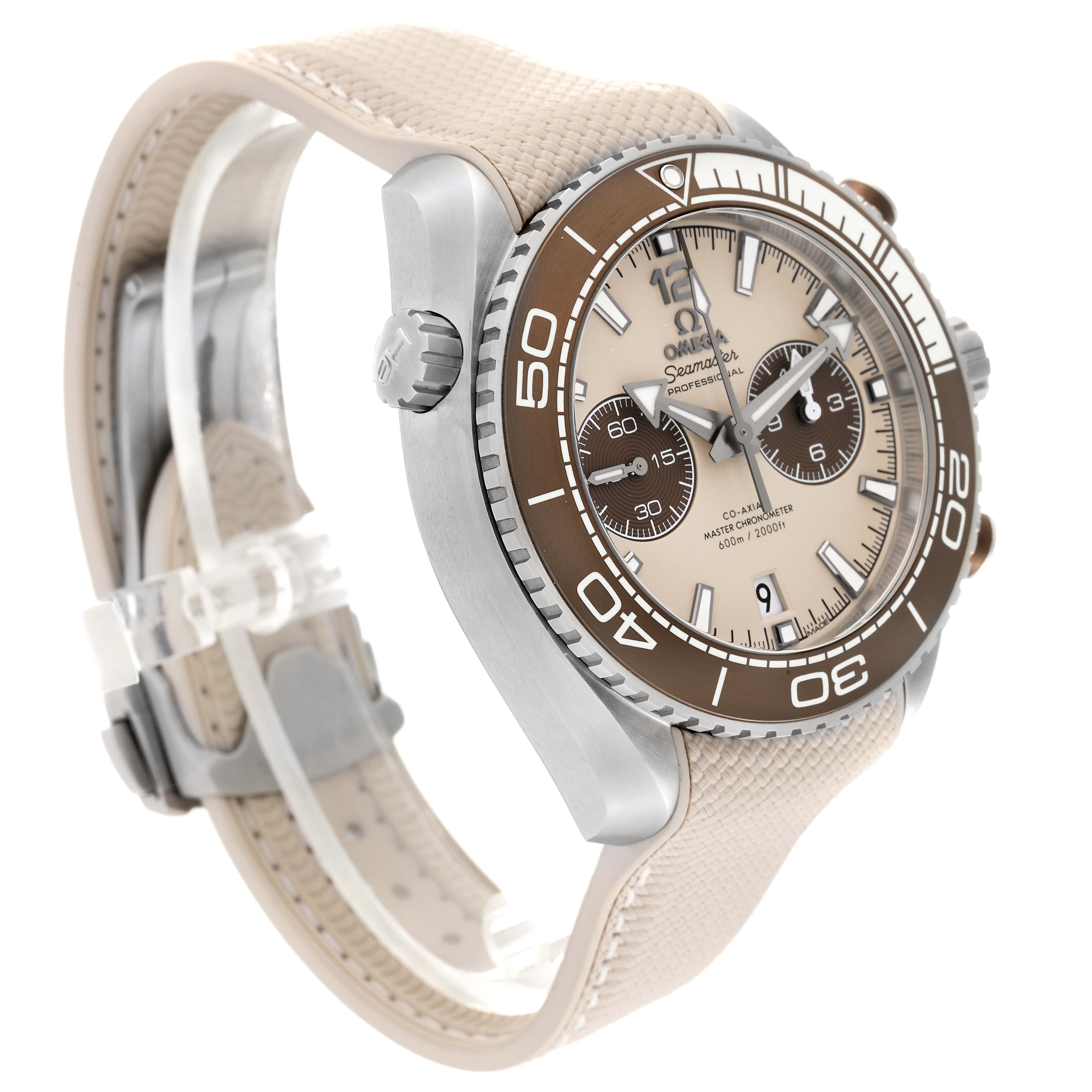 The Omega Planet Ocean 215.32.46.51.09.001 Men's Stainless Steel Beige Dial 215.32.46.51.09.001 Men's Stainless Steel Beige Dial watch is shown at a side angle, highlighting the dial, bezel, and strap in detail.