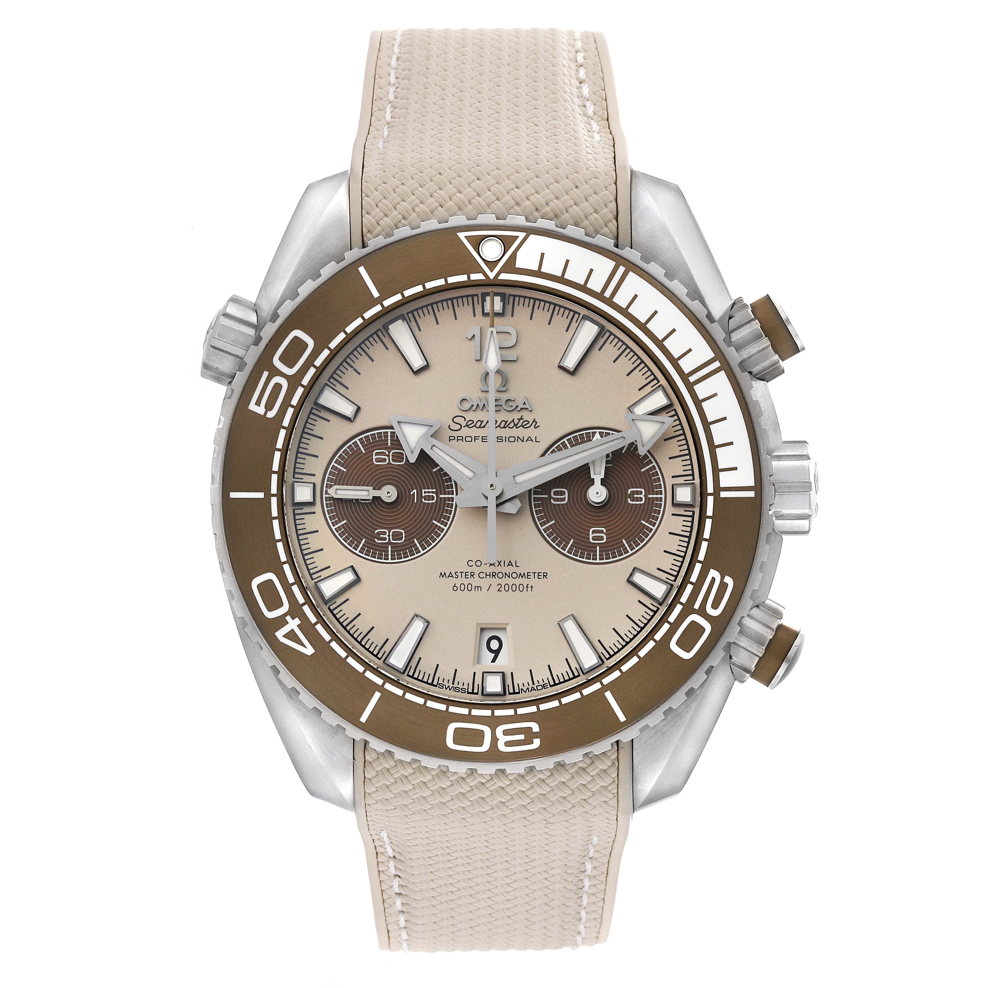 This image shows a front view of the Omega Planet Ocean 215.32.46.51.09.001 Men's Stainless Steel Beige Dial 215.32.46.51.09.001 Men's Stainless Steel Beige Dial watch, featuring the dial, bezel, and strap.