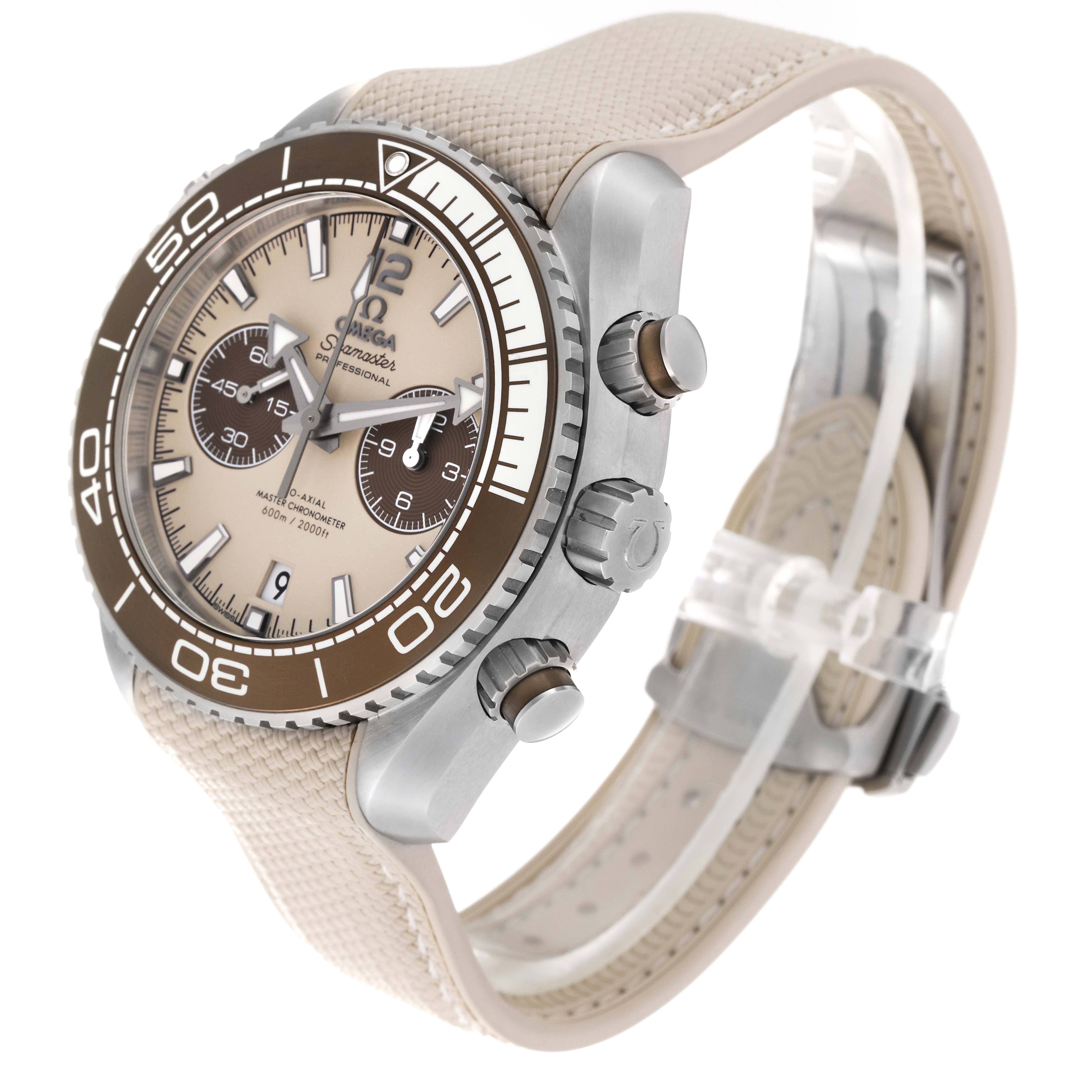 The image depicts an angled view, showing the dial, bezel, crown, and pushers of the Omega Planet Ocean 215.32.46.51.09.001 Men's Stainless Steel Beige Dial 215.32.46.51.09.001 Men's Stainless Steel Beige Dial watch.